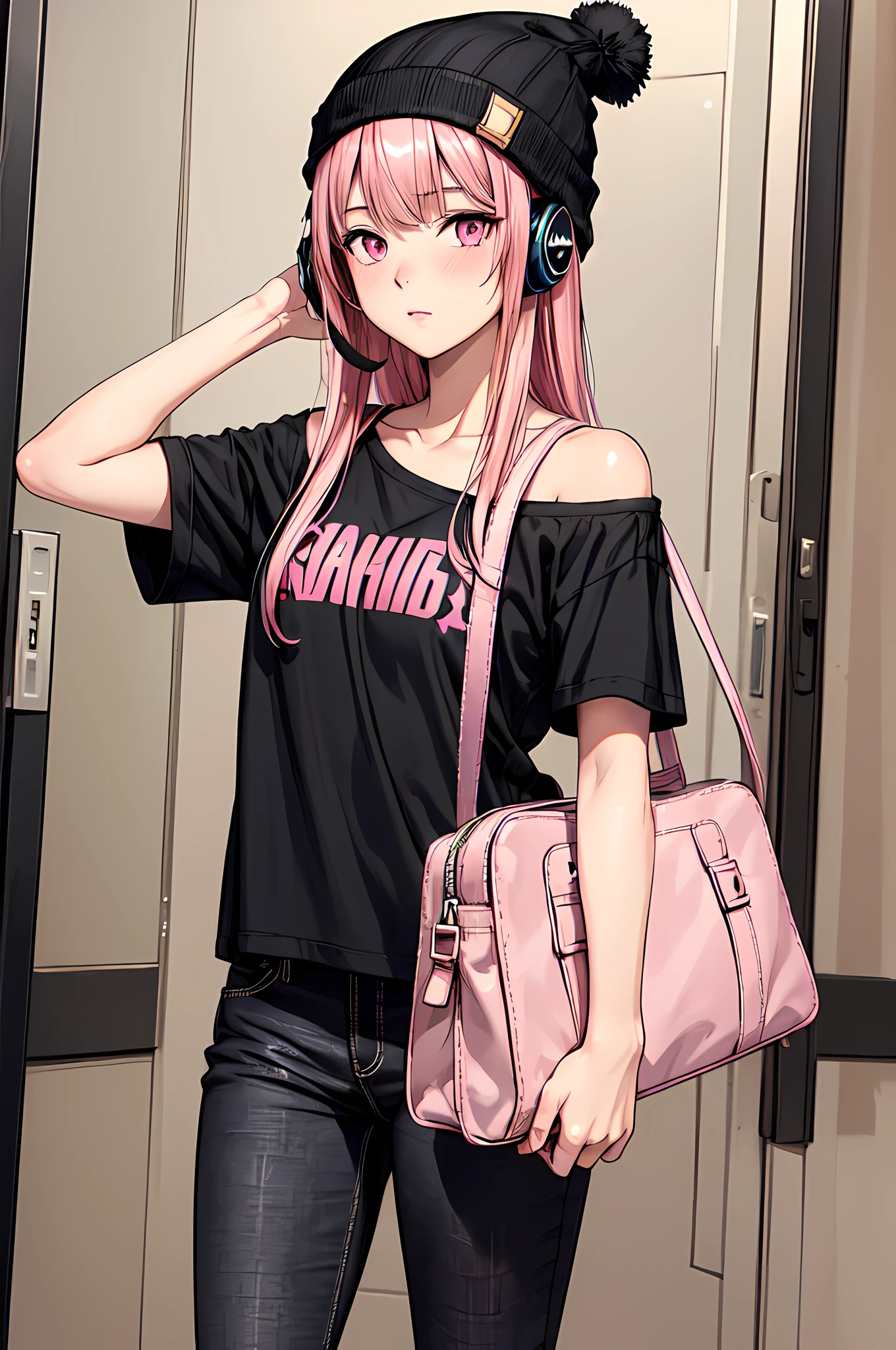 best quality,masterpiece,original,extremely detailed wallpaper,looking at viewer,1girl,solo,long hair,staright hair,pink hair,black beanie,black shirt,black jeans,shoulder bag,headset,standing,blush,pink eyes,