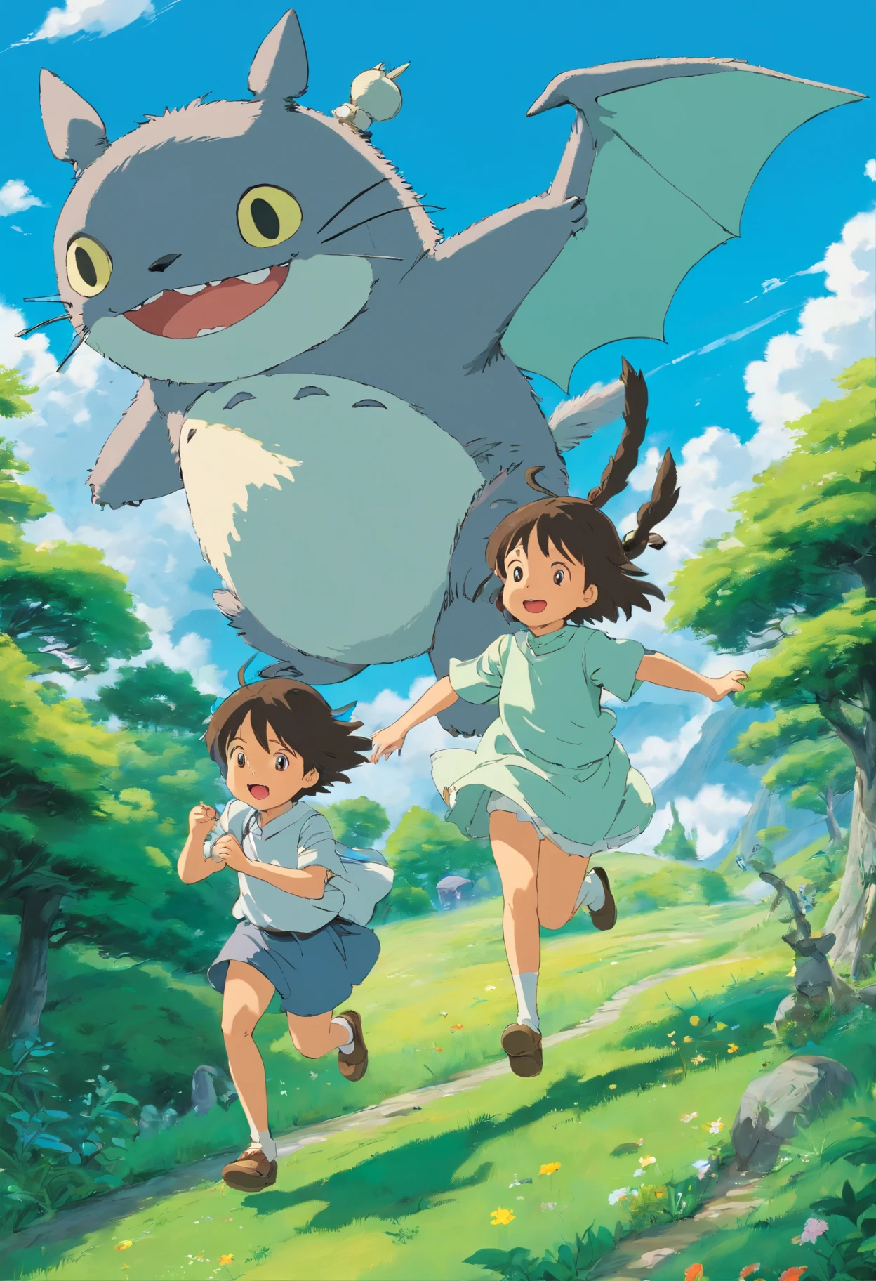 children playing, en un prado verde, Real anime costume design, Viaje de Chihiro, Totoro. detallado, colorido, cielo azul con dragon blanco volando.