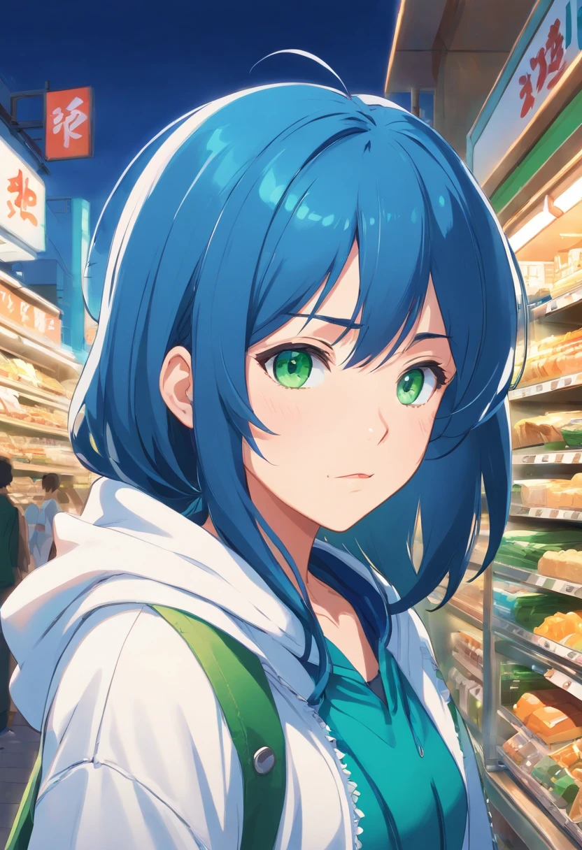 1 girl, Family Mart theme, Family Mart style, blue long hair, white hoodie, green eyes