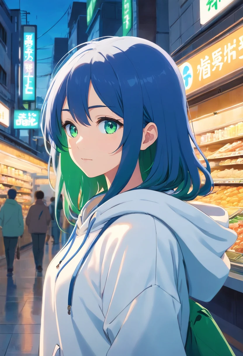1 girl, Family Mart theme, Family Mart style, blue long hair, white hoodie, green eyes