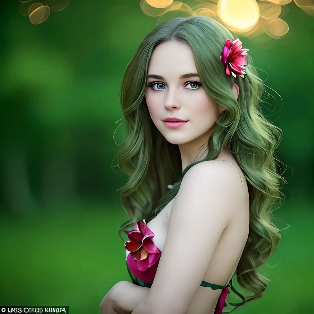 (beautiful: 1.6 + beautiful: 1.3),((very detailed: 1.3)),(eyes: green, green hair),, 1 girl, just one girl, beautiful, bright colors,  sunset sunlight, forest background with many faded trees, background with many red flowers blurred, warm light:1.0, well-made eyes, pretty eyes, pretty face, on green grass, very detailed eyes, from afar, very colorful and detailed background, loose hairs,  bright eyes, black pupil, green eyebrows, tender pose, blushing, blushing, hairs on the face, wind, standing, pink lips, messy hair, shoulder height hair, dynamic, sunset, sunset sunlight, vivid colors, Bokeh effect, messy hair, wavy hair, many flowers on the edges, flowers behind her, light lines, many flowers,  flowers on the shore, adult, front facing