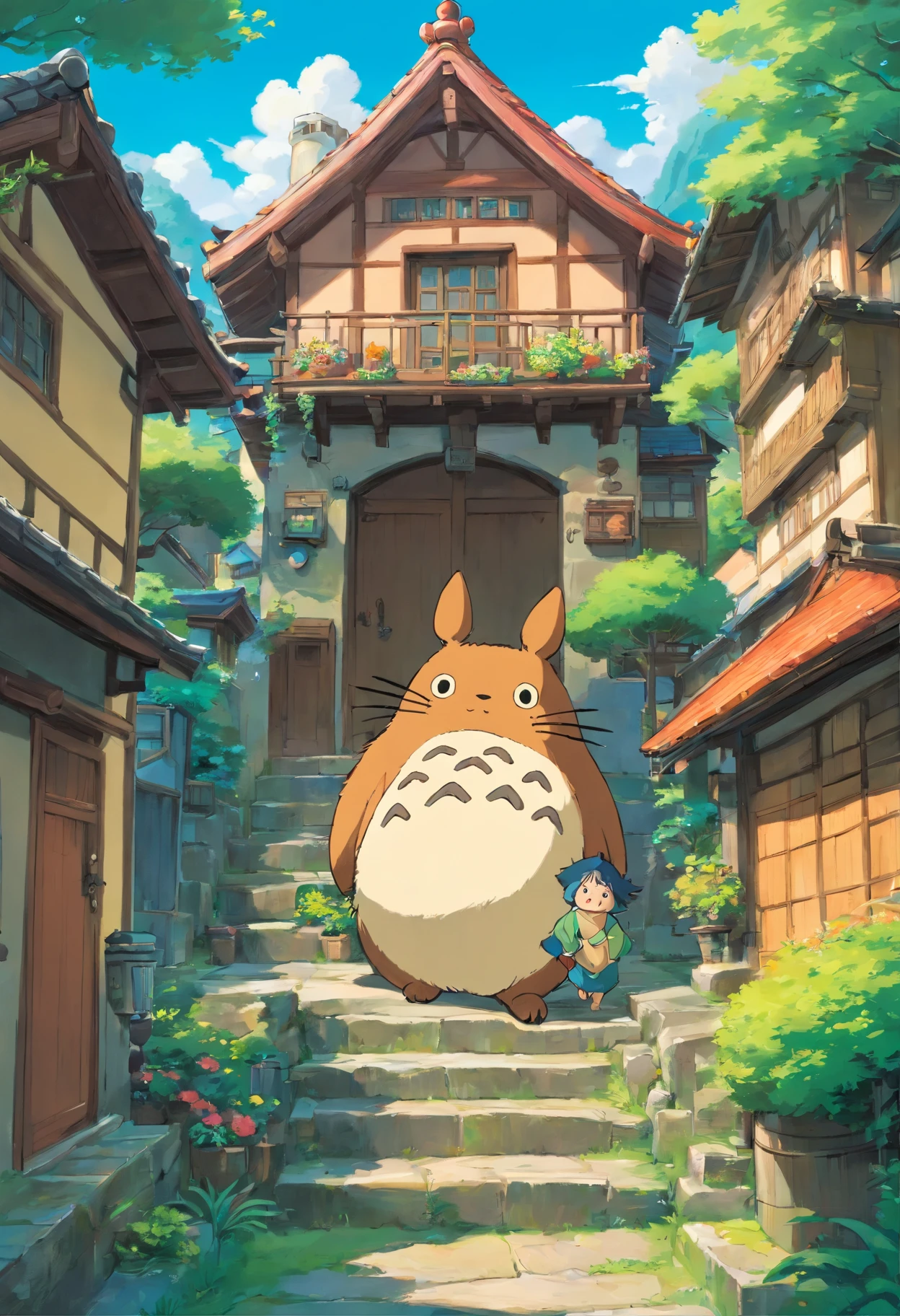Casas rurales japonesas, Real anime costume design, Viaje de Chihiro, Totoro. Detallado, colorido, cielo azul.