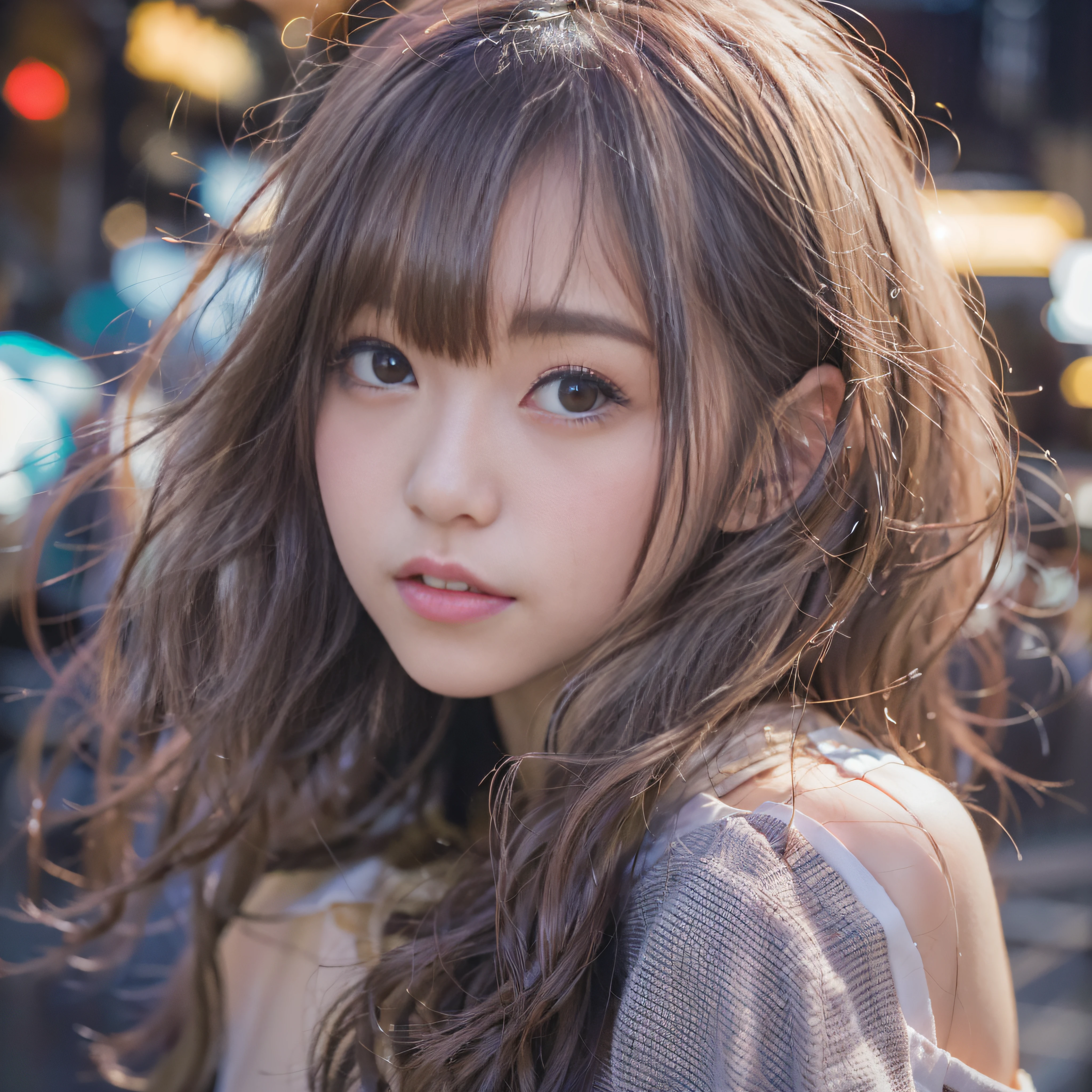 1人、on tokyo street、A city scape、night cityscape、Neon Street、The upper part of the body、a closeup、A smile、、(8K、Raw photography、top-quality、masterpiece:1.2)、(realisitic、photoRealstic:1.37)、Highly detailed eyelash drawing、(((Top image quality))),Colossal tits、Fine skin, (Beautiful hair), (Perfect Anatomy), (Realistic), (Dynamic Angle), Pose Seductive,Perfect,Sensual look、top-quality、hight resolution、