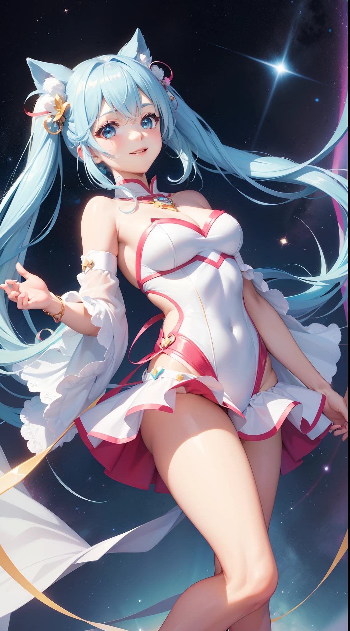 Super Idol a beauty girl A charming smile sky blue hair length hair Twin-tailed Bright white and red leotard outfit Mystical Fantasia constellation a moon Crystal Brilliance Aurora Borealis in the Night Sky