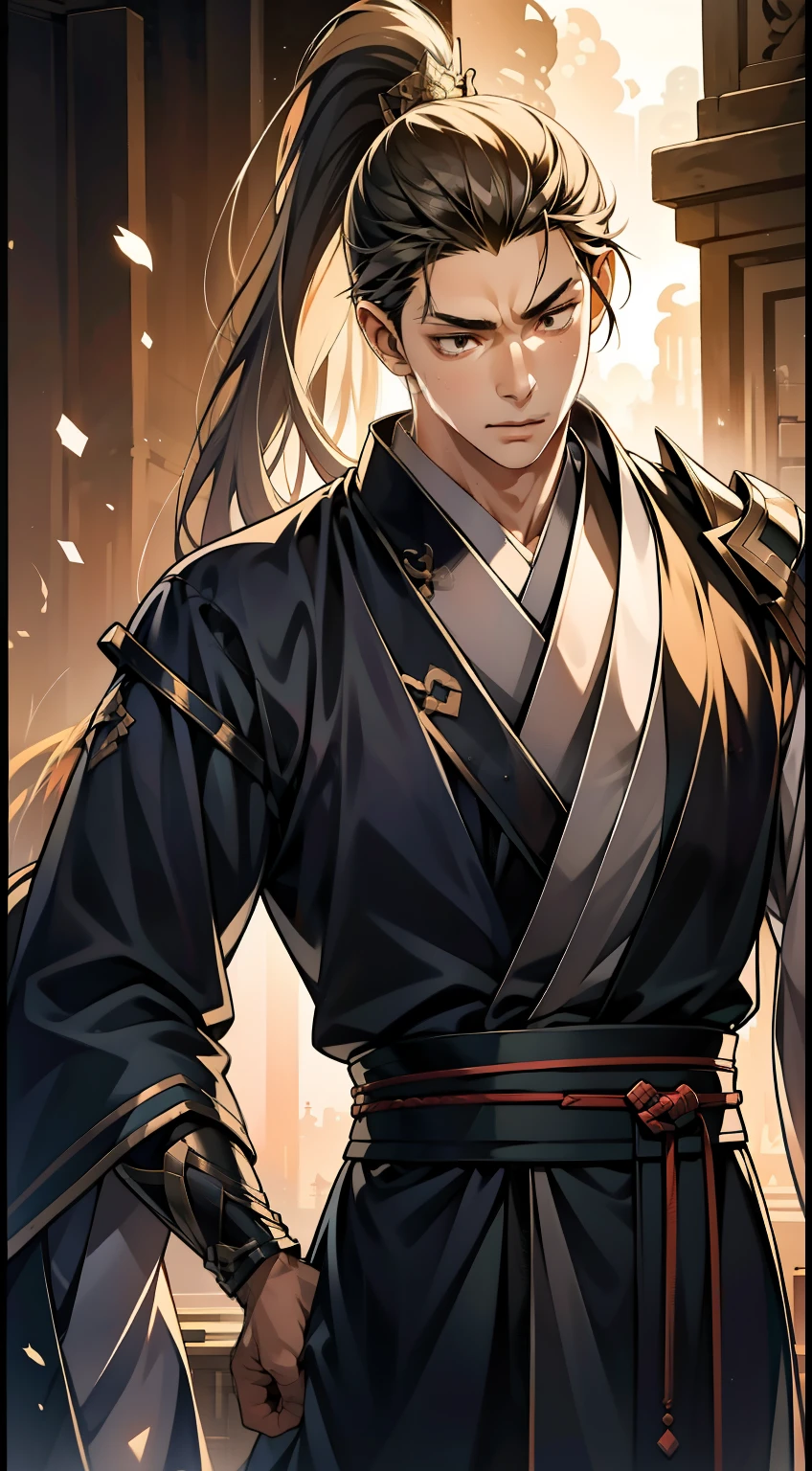 quadratic element,style of anime,mtu(Male Warrior),The proportions are correct,Face details,swordsmen,High ponytail hairstyle,Neck details,There is an Adam's apple,Black Hanfu,kaftan,Embroidered robes,Black robe,clothes details,Handing over,longer sleeves,Game quality,Swordsmanship,Light and shadow tracking,Ray traching,detailed glow,cg render,hair detail,cabelos preto e longos,Black eyes,Handsome,Handsome,(juvenile sense),Clothing is complicated,Perfectcomposition,Refinement,high qulity,higher details,Lots of details,The background is complex,a sense of atmosphere,