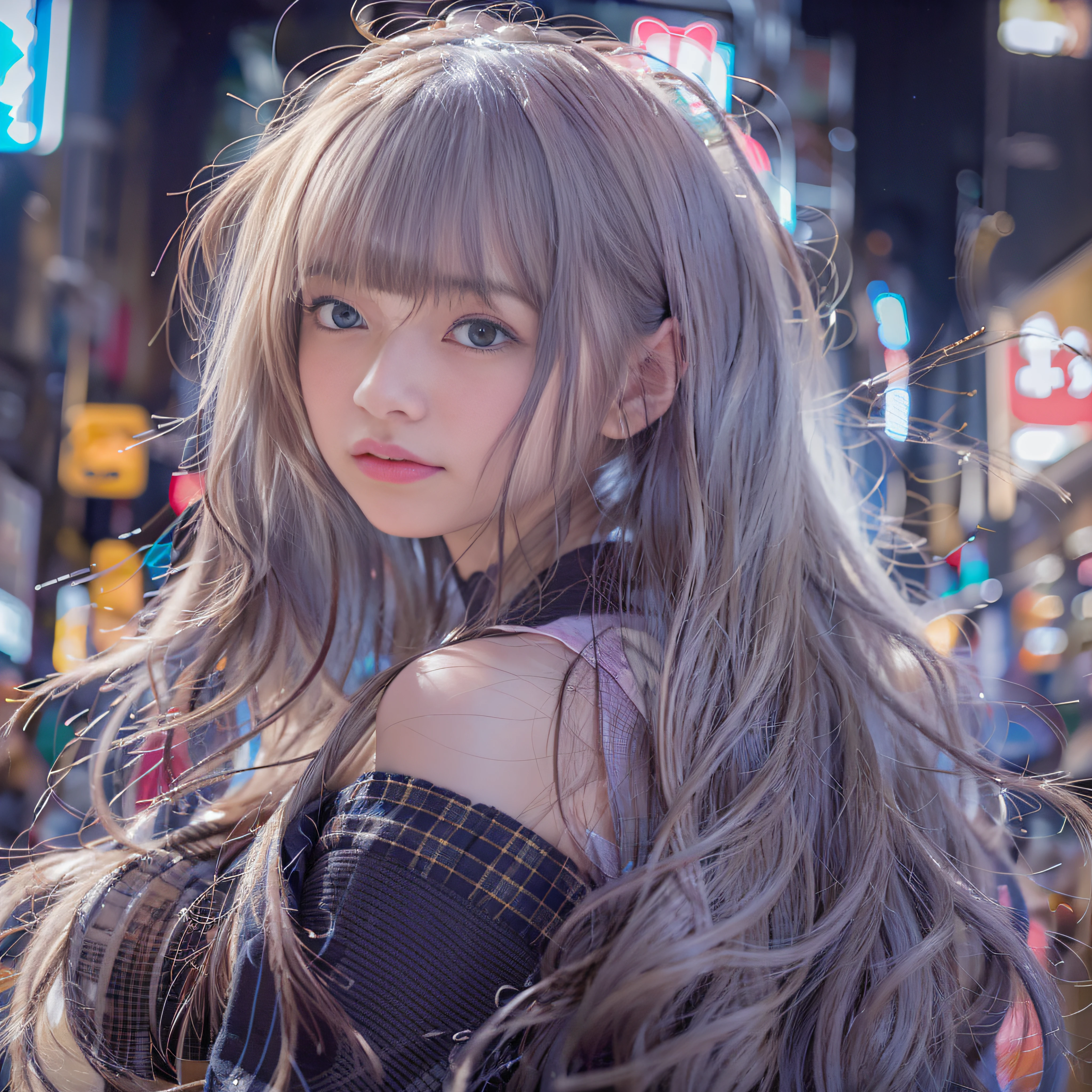 女の子1人、on tokyo street、A city scape、night cityscape、Neon Street、The upper part of the body、a closeup、A smile、、(8K、Raw photography、top-quality、​masterpiece:1.2)、(realisitic、photoRealstic:1.37)、Highly detailed eyelash drawing、(((Top image quality))),Colossal tits、Fine skin, (Beautiful hair), (Perfect Anatomy), (Realistic), (Dynamic Angle), Pose Seductive,Perfect,Sensual look、top-quality、hight resolution、