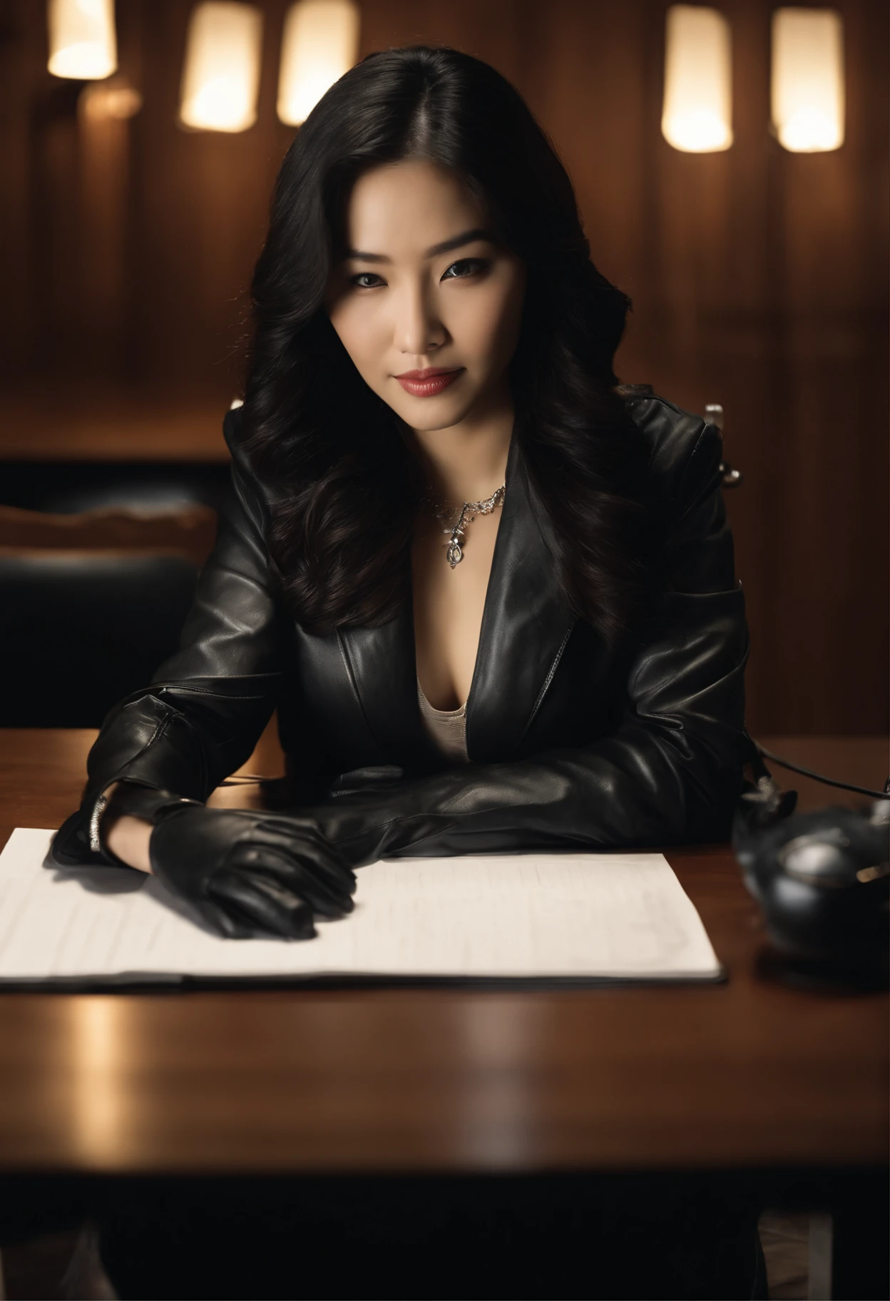 Wearing black leather gloves in both hands, upper body, black leather riders jacket, necklace on the chest, smiling at the desk in the modern study in the dark, long and straight black hair, young Japanese woman (black leather gloves covering both hands) with the fingers of black leather gloves, sitting on the chair, working on the computer, staring at the screen