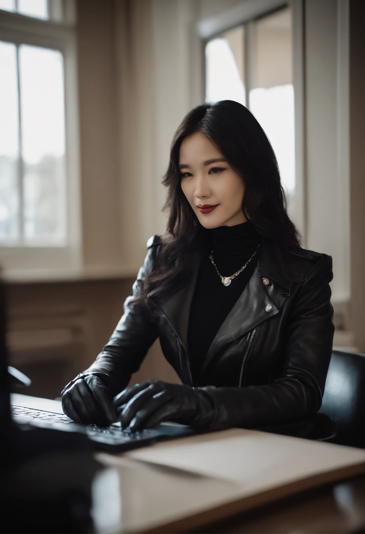 Wearing black leather gloves in both hands, upper body, black leather riders jacket, necklace on the chest, smiling at the desk in the modern study in the dark, long and straight black hair, young Japanese woman (black leather gloves covering both hands) with the fingers of black leather gloves, sitting on the chair, working on the computer, staring at the screen