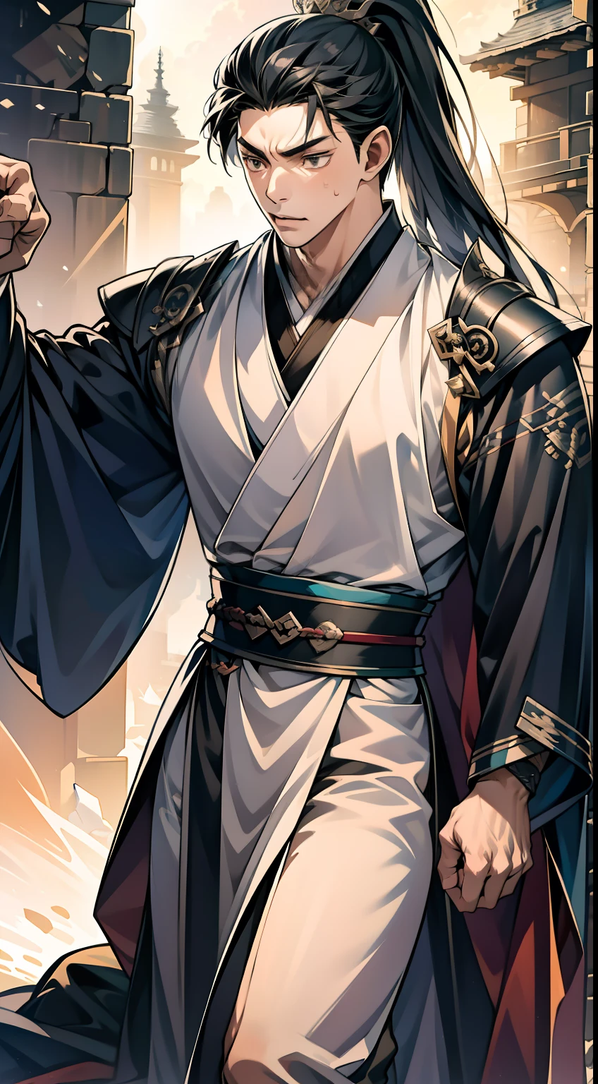 quadratic element,style of anime,mtu(Male Warrior),The proportions are correct,Face details,swordsmen,High ponytail hairstyle,Neck details,There is an Adam's apple,Black Hanfu,kaftan,Embroidered robes,Black robe,clothes details,Handing over,longer sleeves,Game quality,Swordsmanship,Light and shadow tracking,Ray traching,detailed glow,cg render,hair detail,cabelos preto e longos,Black eyes,Handsome,Handsome,(juvenile sense),Clothing is complicated,Perfectcomposition,Refinement,high qulity,higher details,Lots of details,The background is complex,a sense of atmosphere,