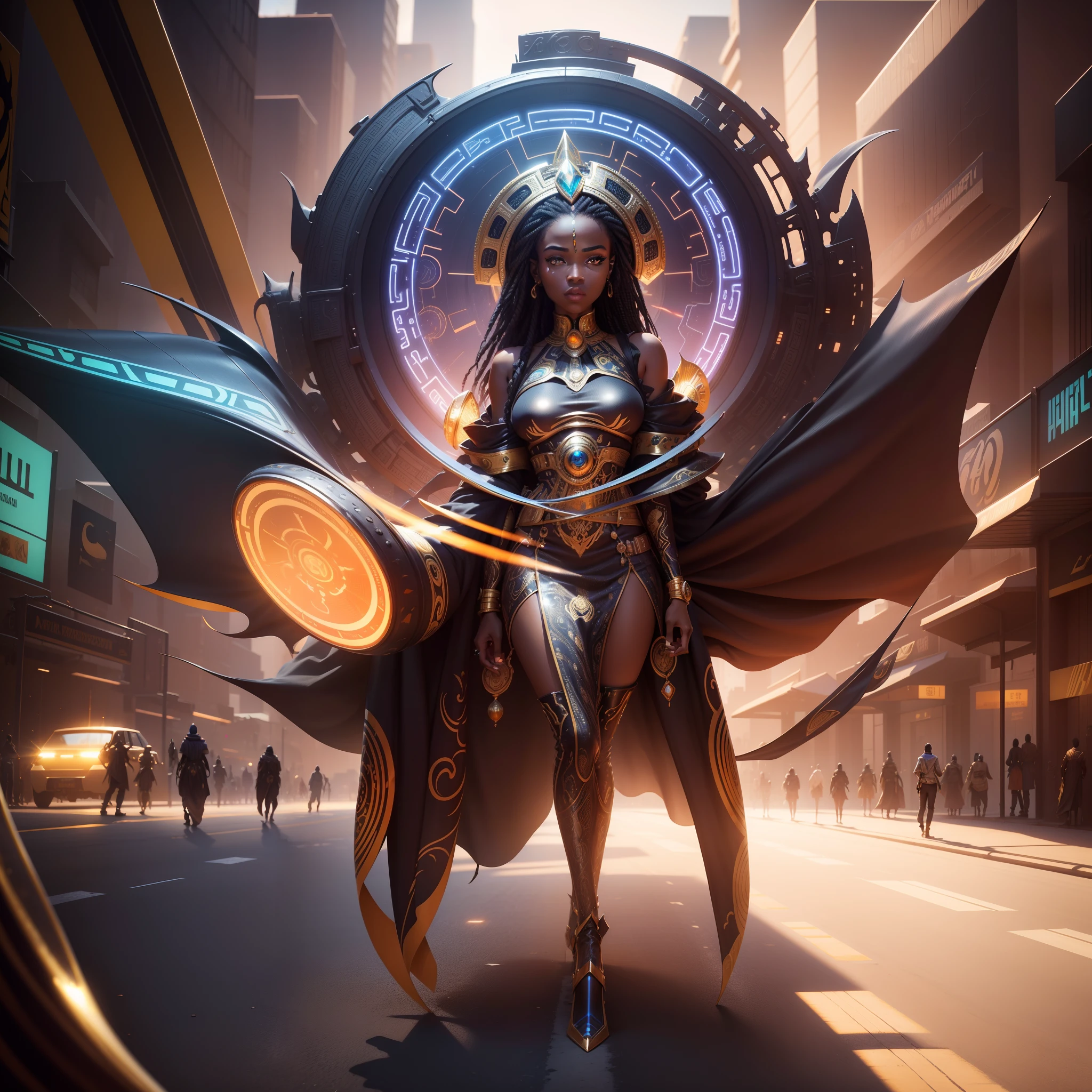 A wide angle shot of a futuristic African kingdom, with with highly detailed metallic and glossy african designed sculptures and infrastructure, highly detailed metallic and glossy neon lit billboard buildings, highly detailed metallic and glossy flying cars in the area, highly detailed metallic and glossy drones in the sky, African people dressed in african designed clothes walking, bright daylight shining beautifully, with iridescent light, hyper-realistic image, 32k, ultra HD, cinematic lighting, artgerm style, highly detailed images, vibrant and beautiful colours,