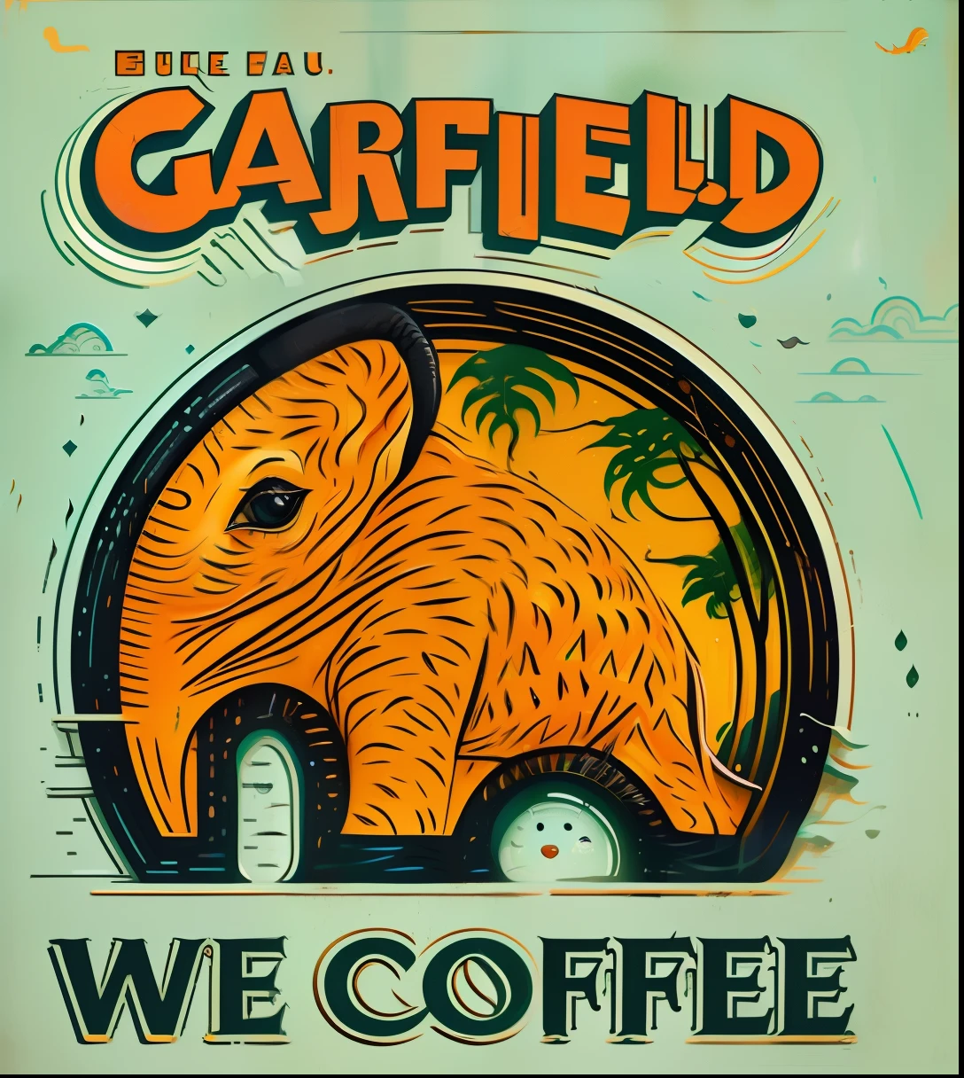 um close up de um sinal com um elefante sobre ele, Garfield, Quadrinhos de Garfield, Arte Warcaft, Caulfield, inspirado em Charles W. Bartlett, we, Zombie Coffee Logo, coffee shop, morning coffee, 🐋 as 🐘 as 🤖 as 👽 as 🐳, coffee smell, Fanart oficial, zombie drinker coffee logo, 🪔 🎨;🌞🌄