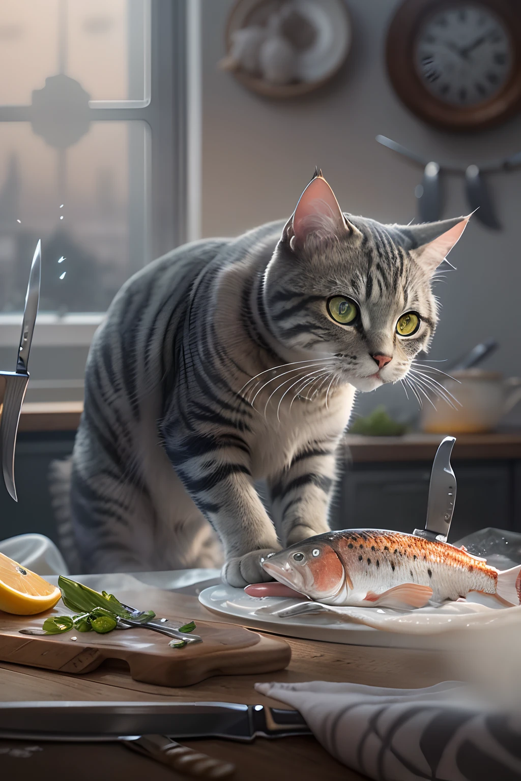 close-up photography of (grey tabby cat:1.2) (cuts the fish with a knife on the table:1.2), (c4ttitude:1.3), in glasstech kitchen, hyper realistic, intricate detail, (foggy:1.1), pov from below
