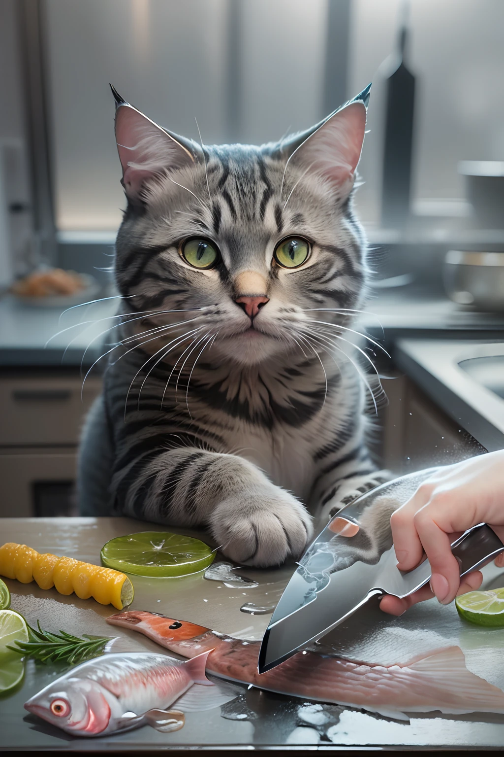 close-up photography of (grey tabby cat:1.2) (cuts the fish with a knife on the table:1.2), (c4ttitude:1.3), in glasstech kitchen, hyper realistic, intricate detail, (foggy:1.1), pov from below