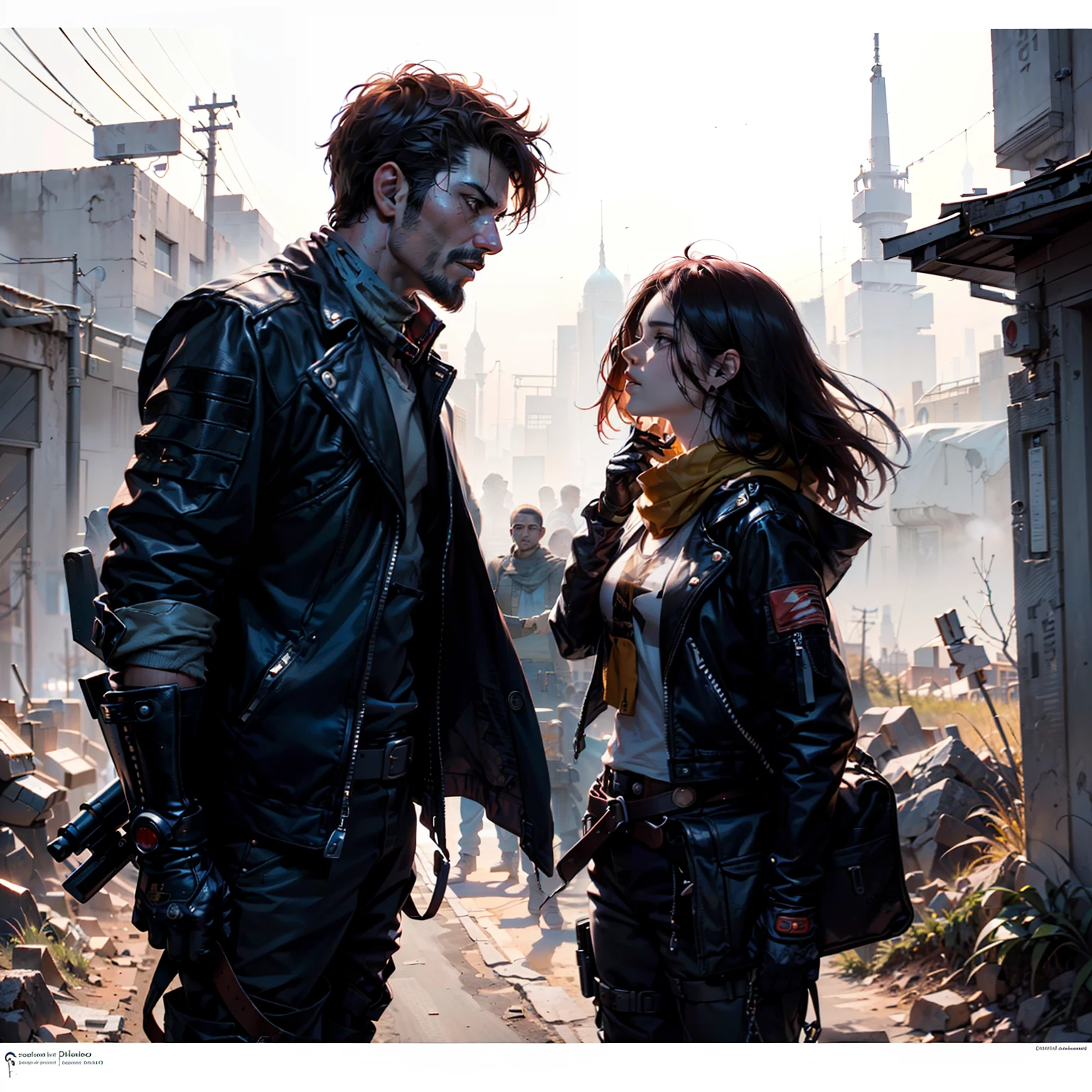 (((hombre, chico joven,,Ropa punk del desierto, Ropa Mad Max,Paramo clothing, pecho ,Abs))), ropa , Abs, musculoso, atractivo, Pose ruda, Hay un hombre sosteniendo una pistola y una pistola en la mano, Mad Max con una pistola, concept art digital illustration, Estilo de arte dieselpunk, Post-apocalyptic explorer, illustration concept art, epic fantasy sci fi illustration, Arte conceptual digital de alta calidad, epic scifi character art, Symmetrical dieselpunk warrior, soldado dieselpunk, Arte conceptual de pintura digital,(((Estilo Borderlands))) cuerpo, ropa, , In a desolate wasteland,(((una caravana del desierto con soldados gritando y maldiciendo enfados)))