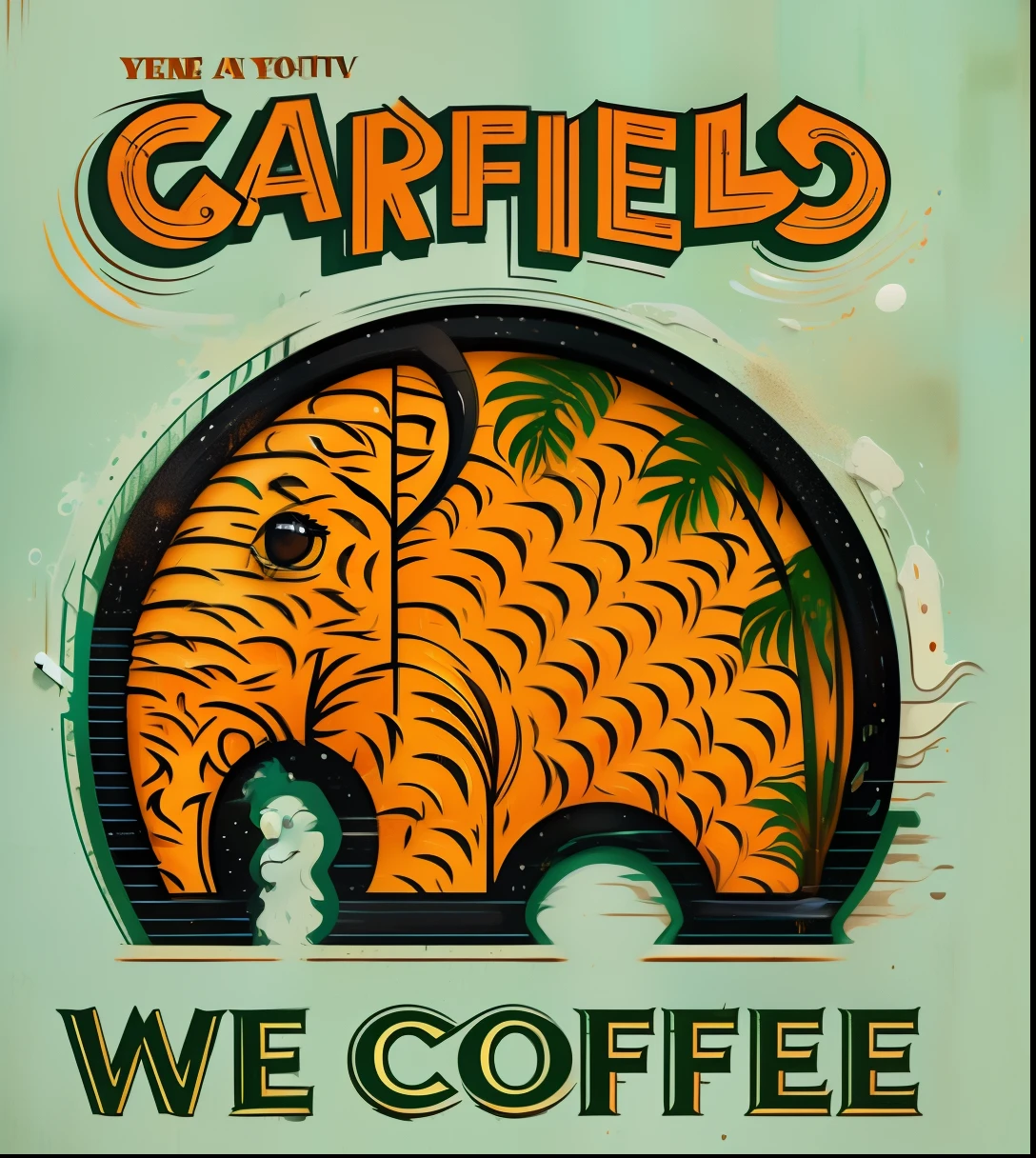um close up de um sinal com um elefante sobre ele, Garfield, Quadrinhos de Garfield, Arte Warcaft, Caulfield, inspirado em Charles W. Bartlett, we, Zombie Coffee Logo, coffee shop, morning coffee, 🐋 as 🐘 as 🤖 as 👽 as 🐳, coffee smell, Fanart oficial, zombie drinker coffee logo, 🪔 🎨;🌞🌄