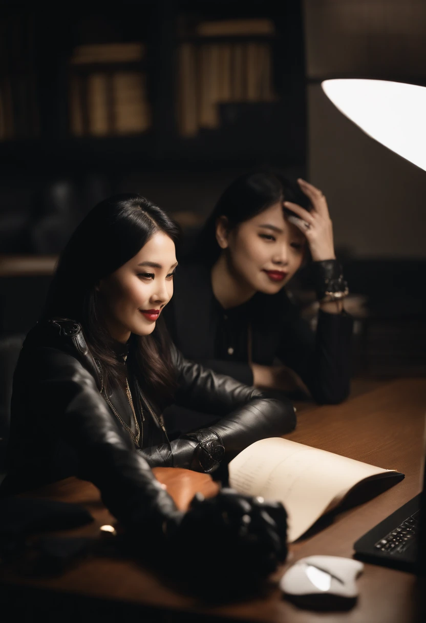 Wearing black leather gloves in both hands, upper body, black leather riders jacket, necklace on the chest, smiling at the desk in the modern study in the dark, long and straight black hair, young Japanese woman (black leather gloves covering both hands) with the fingers of black leather gloves, sitting on the chair, working on the computer, staring at the screen