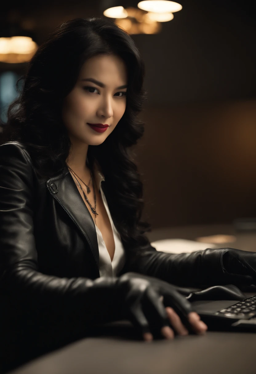 Wearing black leather gloves in both hands, upper body, black leather riders jacket, necklace on the chest, smiling at the desk in the modern study in the dark, long and straight black hair, young Japanese woman (black leather gloves covering both hands) with the fingers of black leather gloves, sitting on the chair, working on the computer, staring at the screen
