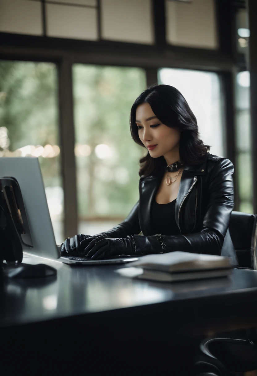 Wearing black leather gloves in both hands, upper body, black leather riders jacket, necklace on the chest, smiling at the desk in the modern study in the dark, long and straight black hair, young Japanese woman (black leather gloves covering both hands) with the fingers of black leather gloves, sitting on the chair, working on the computer, staring at the screen