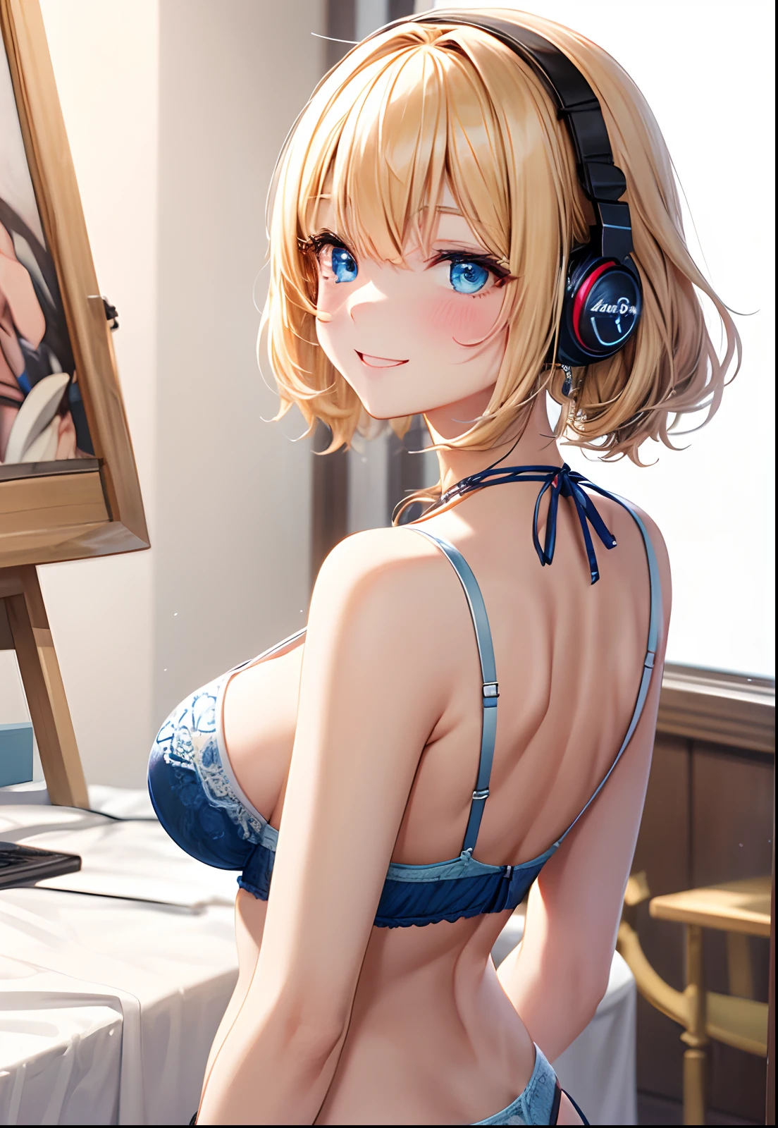 absurderes, (独奏:1.5,)ultra-detailliert,bright colour, extremely beautiful detailed anime face and eyes, view straight on, ;D, shiny_skin,25 years old, Short hair, , asymmetrical bangs, Blonde hair with short twin tails, Shiny hair, Delicate beautiful face, red blush、(deep blue eyes:1.4)、Happy smile、Small necklace、hair with delicate and complex lines, Ephemeral colors, 2020 Kantok style painting, tessellation, Large breasts, cleavage, (Looking at Viewer), (Look back), headphones, Wireless headphones, Wide Shot, from behind, lingerie, White bra, White panties, Indoors