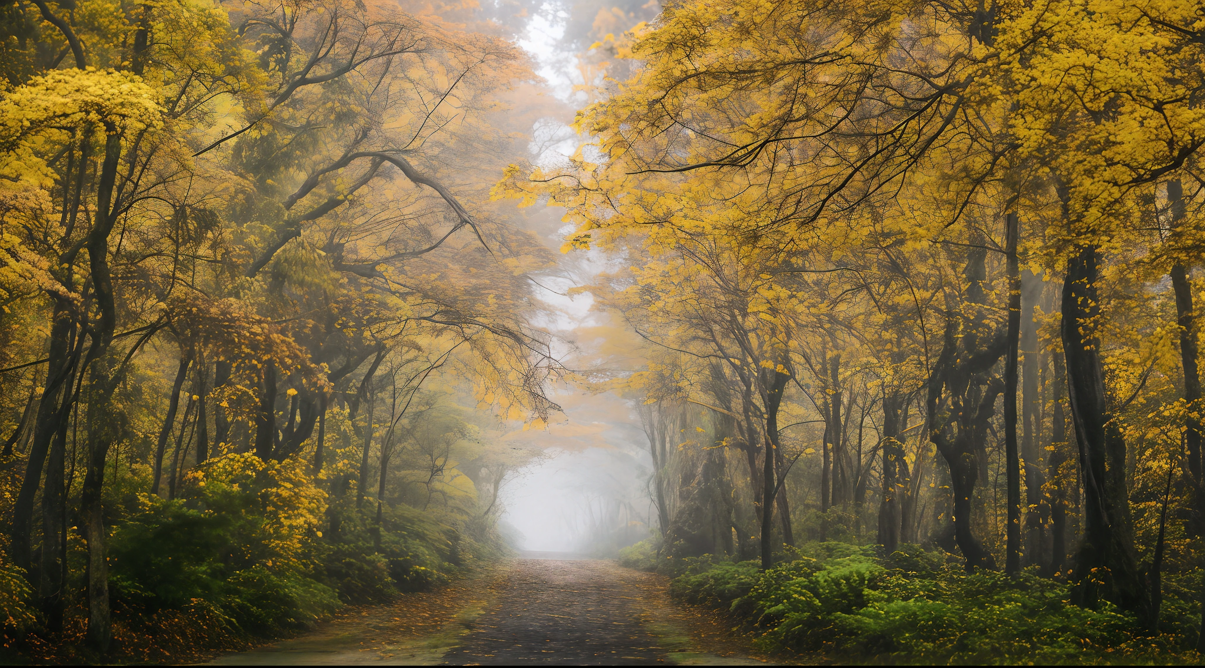 There is a road that is surrounded by trees with yellow leaves, yellow volumetric fog, ouro vibrante, mas sombrio, yellow mist, nevoeiro colorido brilhante, floresta de outono, tranquilidade de outono, floresta nebulosa, na floresta de outono, magic mist, Floresta enevoada, beautiful forests and trees, caminho da floresta, Um belo caminho em uma floresta, cores de outono silenciadas, madeira enevoada bonita, Muitos detalhes, qualidade superior, Full HD, Realstic