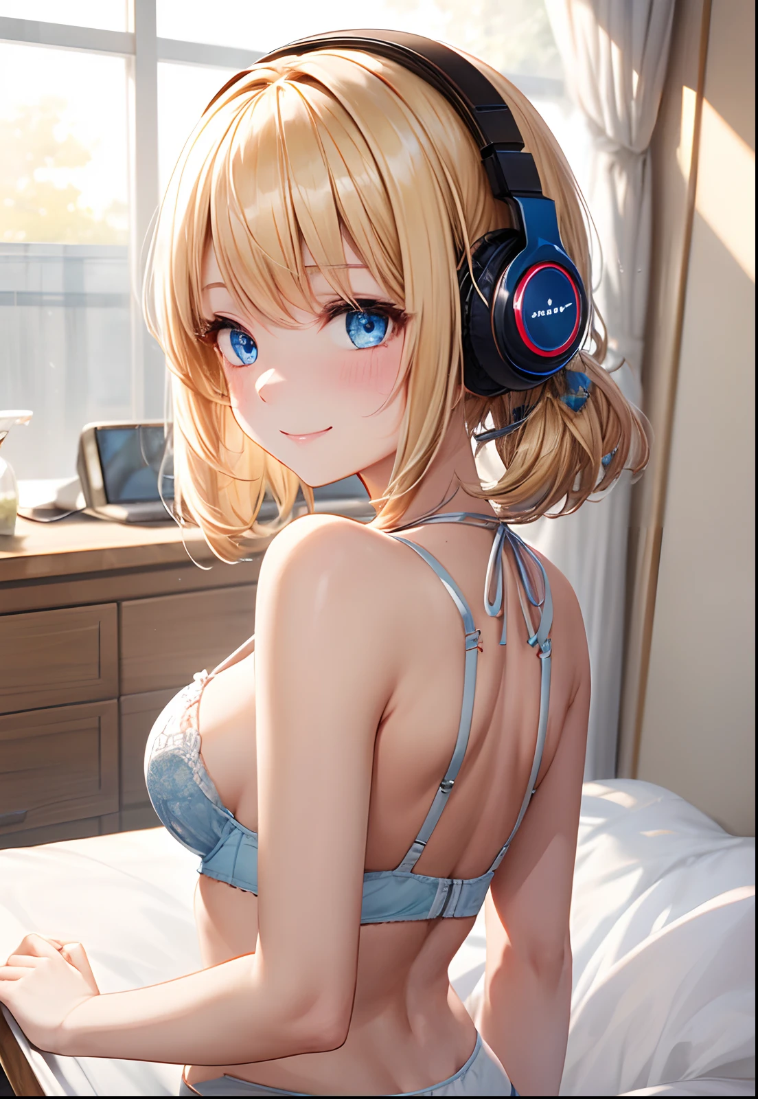 absurderes, (独奏:1.5,)ultra-detailliert,bright colour, extremely beautiful detailed anime face and eyes, view straight on, ;D, shiny_skin,25 years old, Short hair, , asymmetrical bangs, Blonde hair with short twin tails, Shiny hair, Delicate beautiful face, red blush、(deep blue eyes:1.4)、Happy smile、Small necklace、hair with delicate and complex lines, Ephemeral colors, 2020 Kantok style painting, tessellation, Large breasts, cleavage, (Looking at Viewer), (Look back), headphones, Wireless headphones, Wide Shot, from behind, lingerie, White bra, White panties, Indoors