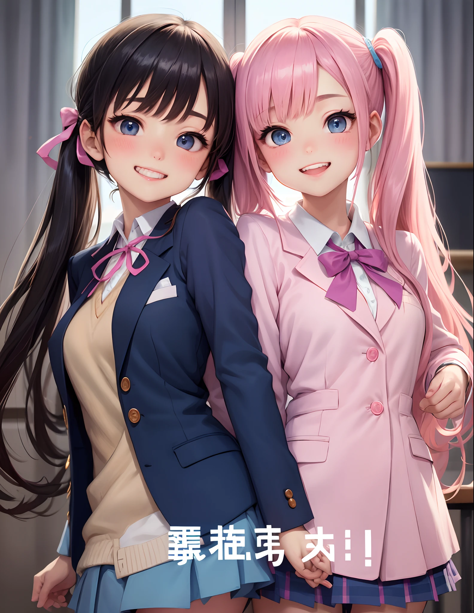 ​masterpiece:1.2、hightquality、top-quality、hight resolution、detaileds、A hyper-realistic、Beautiful high school girl、Adults、High School Uniform、Dark blue blazer、Pink mini skirt、Pink ribbon、long hair with pink twin tails,,、Beautiful blue eyes、tilt of the head、Schools、birdie、rainbows、portlate、Lovely smile、showing teeth、(A detailed face)、((foco nítido))、((faces))、The upper part of the body_Body