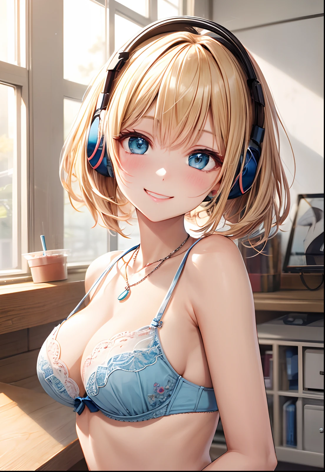 absurderes, (独奏:1.5,)ultra-detailliert,bright colour, extremely beautiful detailed anime face and eyes, view straight on, ;D, shiny_skin,25 years old, Short hair, , asymmetrical bangs, Blonde hair with short twin tails, Shiny hair, Delicate beautiful face, red blush、(deep blue eyes:1.4)、Happy smile、Small necklace、hair with delicate and complex lines, Ephemeral colors, 2020 Kantok style painting, tessellation, Large breasts, cleavage, (Looking at Viewer), (Look back), headphones, Wireless headphones, Wide Shot, from behind, lingerie, White bra, White panties, Indoors