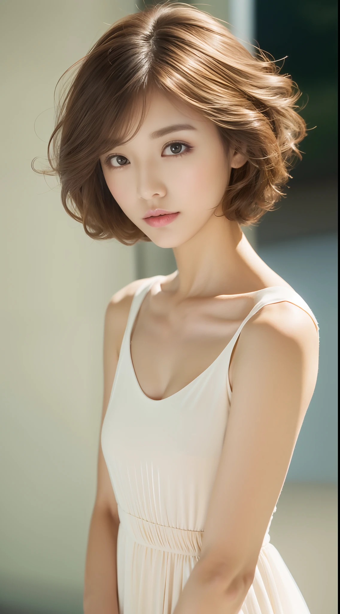 top Quority,ultra-clear resolution,Gloss on lips,Glossy glossy skin,Clean collarbone,face perfect,Bando Dress Short,Beautiful legs,Random environment、Light brown hair、gradation hair、short-cut、Curly hair