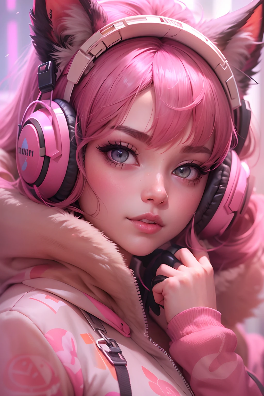Close-up of a person dressed in pink and wearing headphones, trending on cgstation, Attractive cat girl, trending at cgstation, an oppai cyberpunk, Anime girl cosplay, cosplay, beautiful young catgirl, sakimichan frank franzzeta, IG model | Art germ, Ross Tran 8 K, 《Persona 5》Ann High Roll