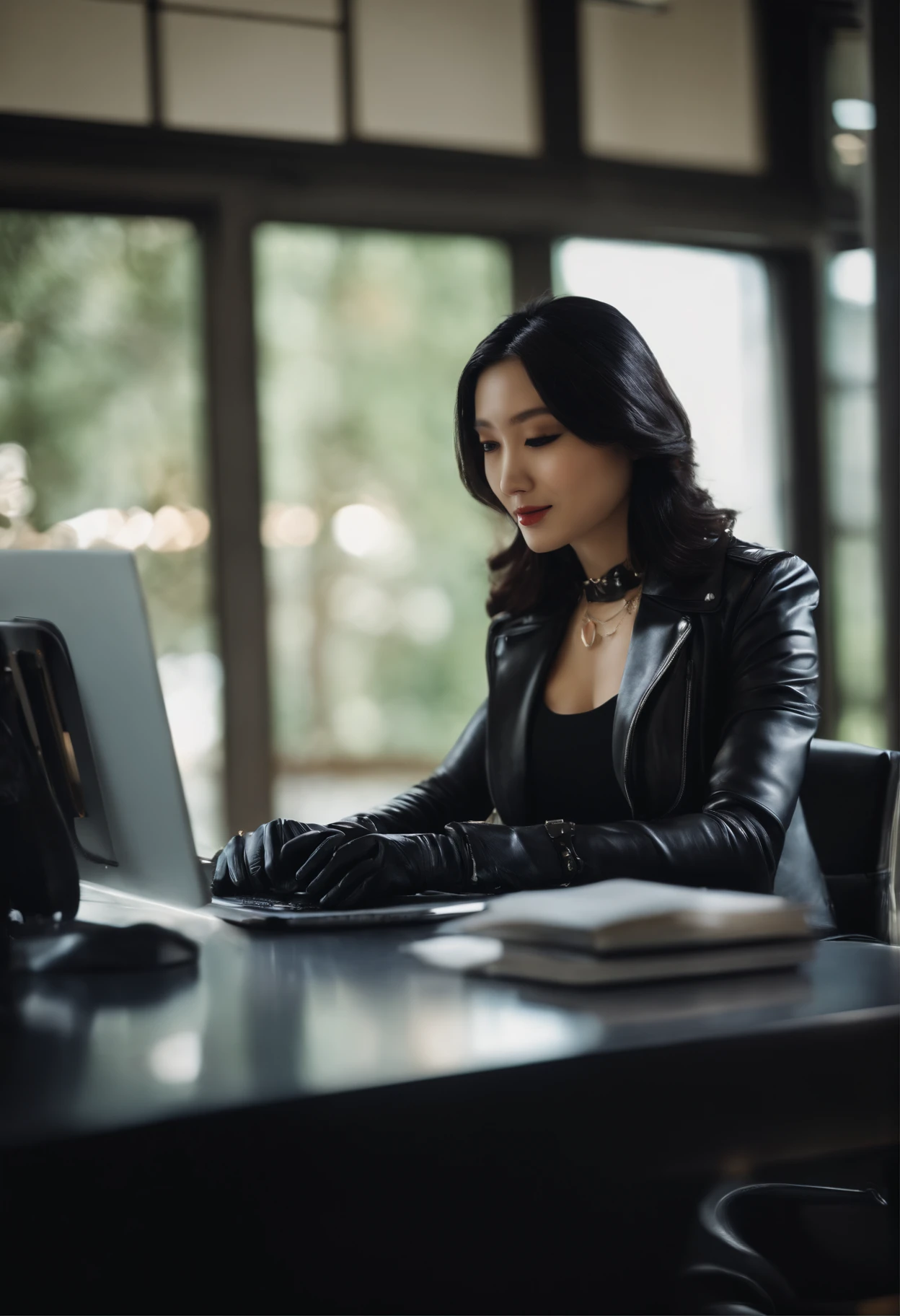 Wearing black leather gloves in both hands, upper body, black leather riders jacket, necklace on the chest, smiling at the desk in the modern study in the dark, long and straight black hair, young Japanese woman (black leather gloves covering both hands) with the fingers of black leather gloves, sitting on the chair, working on the computer, staring at the screen