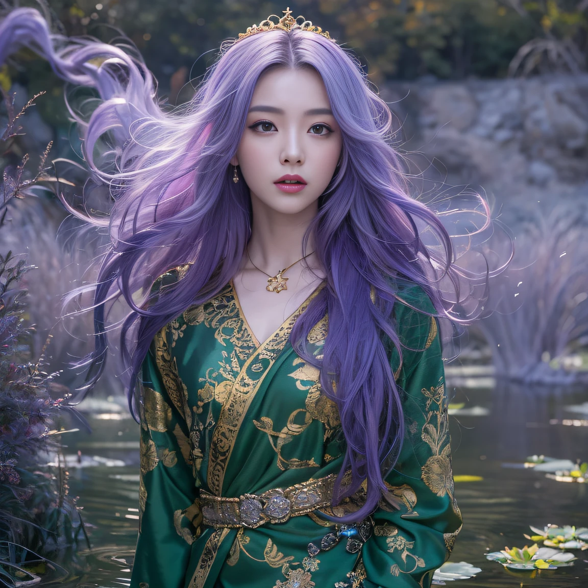 Genki Girl 32K(tmasterpiece,k hd,hyper HD,32K)Long flowing bright purple hair,Autumn Pond,zydink, a color, Asian people (Genki girl), (Silk scarf), Combat posture, looking at the ground, long whitr hair, Floating bright purple, Fire cloud pattern gold tiara, Chinese long-sleeved gold silk garment, (Abstract metaverse splash:1.2), white backgrounid,Lotus vitality protector(realisticlying:1.4),Bright purple hair,Smoke on the road,The background is pure, A high resolution, the detail, RAW photogr, Sharp Re, Nikon D850 Film Stock Photo by Jefferies Lee 4 Kodak Portra 400 Camera F1.6 shots, Rich colors, ultra-realistic vivid textures, Dramatic lighting, Unreal Engine Art Station Trend, cinestir 800,A girl with long flowing bright purple hair
