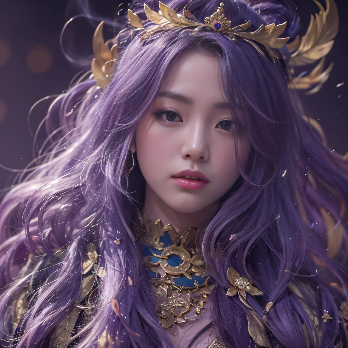 Genki Girl 32K（tmasterpiece，k hd，hyper HD，32K）Long flowing bright purple hair，Autumn Pond，zydink， a color， Asian people （Genki girl）， （Silk scarf）， Combat posture， looking at the ground， long whitr hair， Floating bright purple， Fire cloud pattern gold tiara， Chinese long-sleeved gold silk garment， （Abstract metaverse splash：1.2）， white backgrounid，Lotus vitality protector（realisticlying：1.4），Bright purple hair，Smoke on the road，The background is pure， A high resolution， the detail， RAW photogr， Sharp Re， Nikon D850 Film Stock Photo by Jefferies Lee 4 Kodak Portra 400 Camera F1.6 shots, Rich colors, ultra-realistic vivid textures, Dramatic lighting, Unreal Engine Art Station Trend, cinestir 800，A girl with long flowing bright purple hair