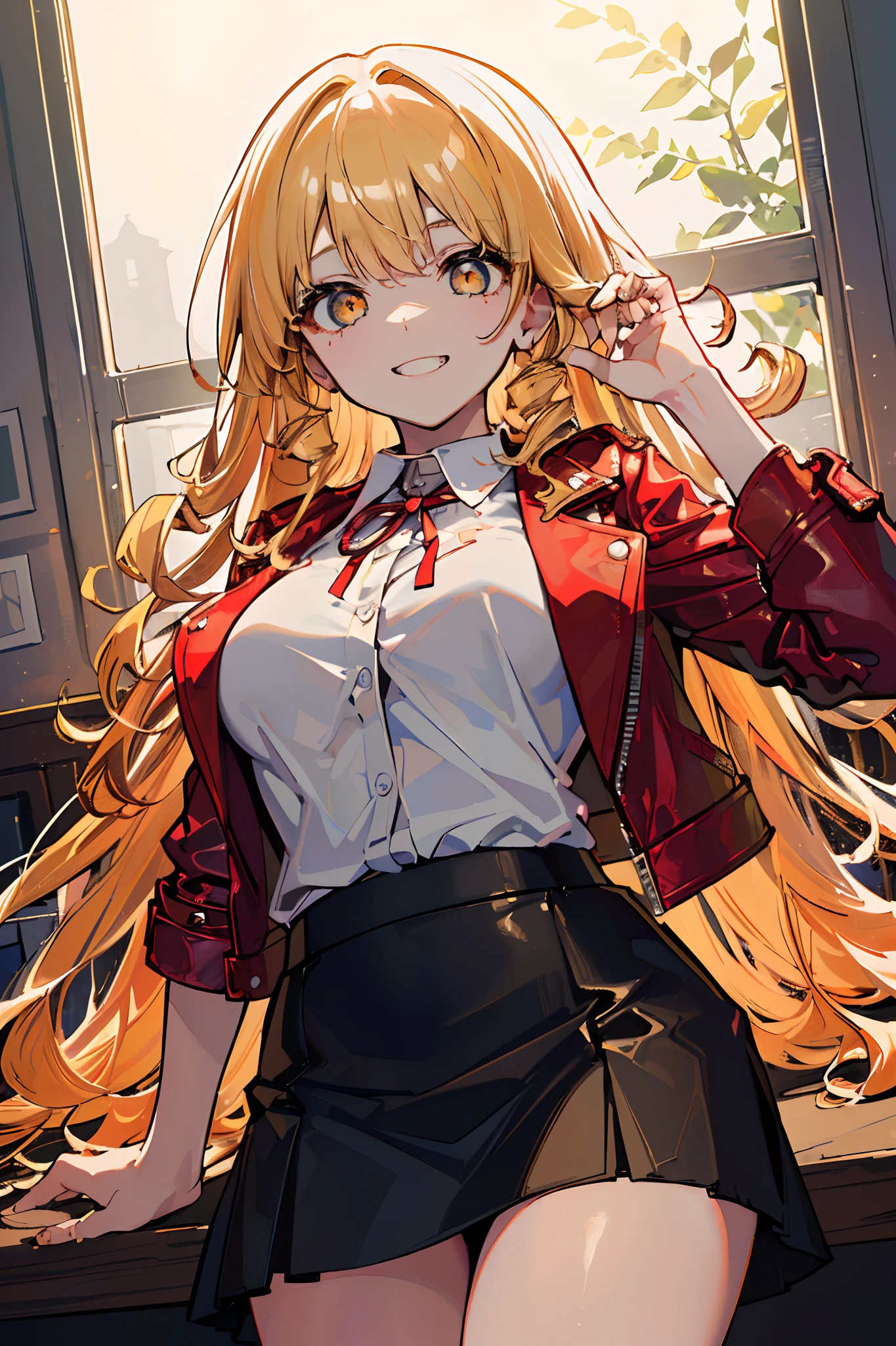 The art of a school teacher at school, (1girl), (Masterpiece:1.3), (intricate details:1.2), (soft-lighting:1.1), (Incredible shadows:1.1), (Vivid colors:1.2), lush, lean, (Чашки D:1.2), (red leather jacket:1.2), (White loose shirt:1.2), (black tight skirt:1.2), (Bright amber eyes:1.3), (long lush curly blonde hair:1.2), Playful grin