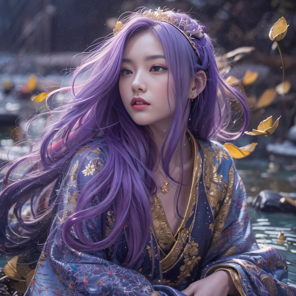 Genki Girl 32K（tmasterpiece，k hd，hyper HD，32K）Long flowing bright purple hair，Autumn Pond，zydink， a color， Asian people （Genki girl）， （Silk scarf）， Combat posture， looking at the ground， long whitr hair， Floating bright purple， Fire cloud pattern gold tiara， Chinese long-sleeved gold silk garment， （Abstract metaverse splash：1.2）， white backgrounid，Lotus vitality protector（realisticlying：1.4），Bright purple hair，Smoke on the road，The background is pure， A high resolution， the detail， RAW photogr， Sharp Re， Nikon D850 Film Stock Photo by Jefferies Lee 4 Kodak Portra 400 Camera F1.6 shots, Rich colors, ultra-realistic vivid textures, Dramatic lighting, Unreal Engine Art Station Trend, cinestir 800，A girl with long flowing bright purple hair