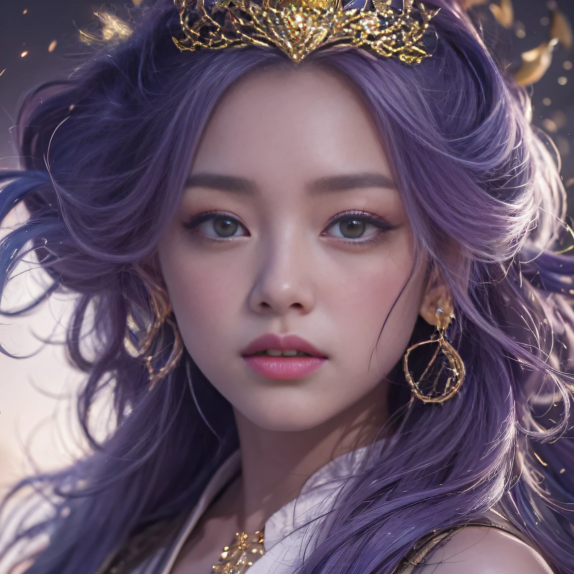 Genki Girl 32K（tmasterpiece，k hd，hyper HD，32K）Long flowing bright purple hair，Autumn Pond，zydink， a color， Asian people （Genki girl）， （Silk scarf）， Combat posture， looking at the ground， long whitr hair， Floating bright purple， Fire cloud pattern gold tiara， Chinese long-sleeved gold silk garment， （Abstract metaverse splash：1.2）， white backgrounid，Lotus vitality protector（realisticlying：1.4），Bright purple hair，Smoke on the road，The background is pure， A high resolution， the detail， RAW photogr， Sharp Re， Nikon D850 Film Stock Photo by Jefferies Lee 4 Kodak Portra 400 Camera F1.6 shots, Rich colors, ultra-realistic vivid textures, Dramatic lighting, Unreal Engine Art Station Trend, cinestir 800，A girl with long flowing bright purple hair