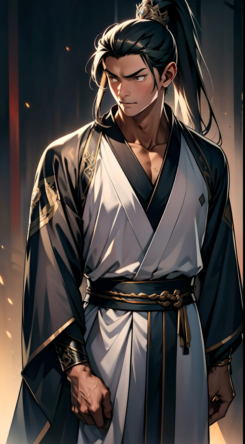 quadratic element,style of anime,mtu(Male Warrior),The proportions are correct,Face details,swordsmen,High ponytail hairstyle,Neck details,There is an Adam's apple,Black Hanfu,kaftan,Embroidered robes,Black robe,clothes details,Handing over,longer sleeves,Game quality,Swordsmanship,Light and shadow tracking,Ray traching,detailed glow,cg render,hair detail,cabelos preto e longos,Black eyes,Handsome,Handsome,(juvenile sense),Clothing is complicated,Perfectcomposition,Refinement,high qulity,higher details,Lots of details,The background is complex,a sense of atmosphere,