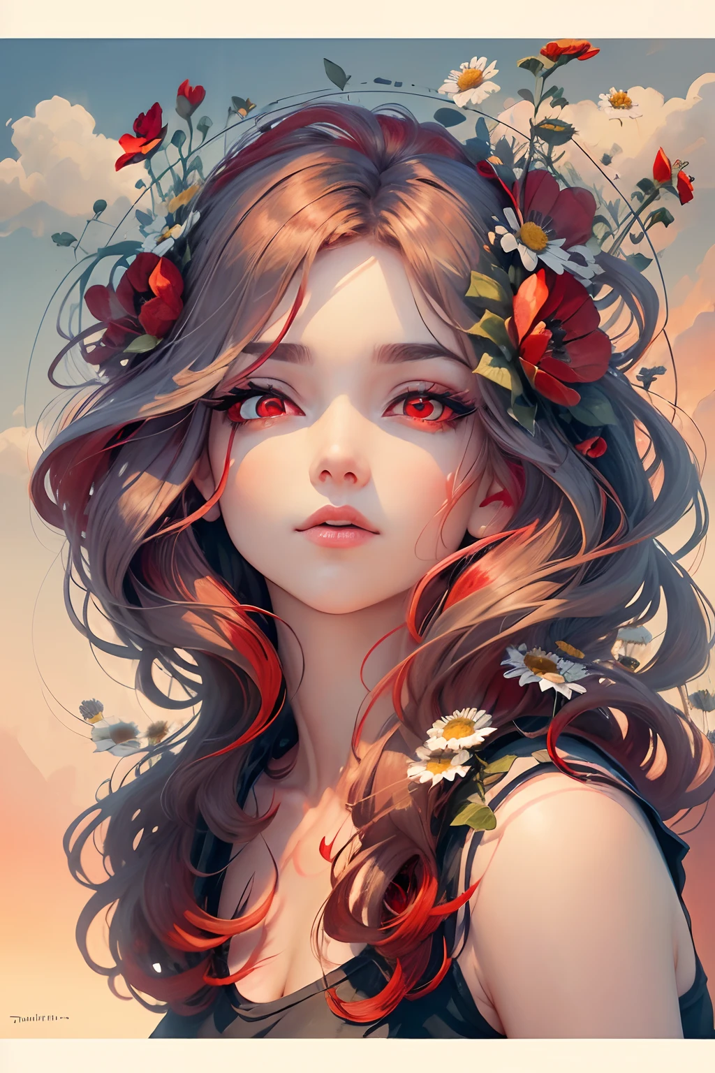 Adult woman, with (red eyes:1.7) wearing tank top with a crown of flowers, looking at the sky, city, surrounded by daisies and poppies, skyline, sunset colors, watercolor, ink, summer clouds, big rosy lips, rosy cheeks, vines, art by tim burton and MSchiffer, UHD wallpaper