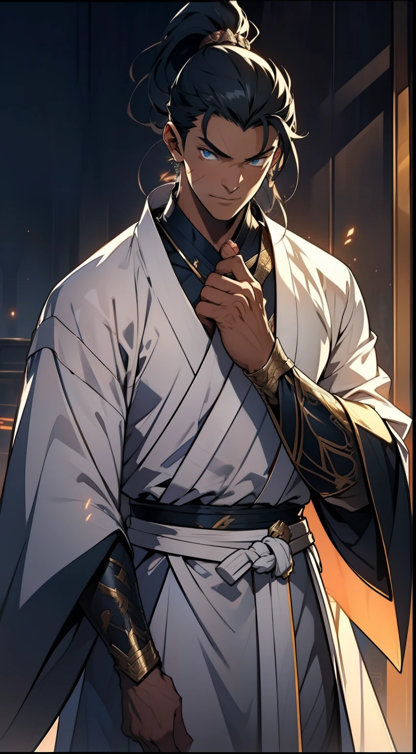 quadratic element,style of anime,mtu(Male Warrior),The proportions are correct,Face details,swordsmen,High ponytail hairstyle,Neck details,There is an Adam's apple,White robe,kaftan,long white robe,clothes details,Handing over,longer sleeves,Game quality,Swordsmanship,Light and shadow tracking,Ray traching,detailed glow,cg render,hair detail,cabelos preto e longos,blue colored eyes,Handsome,Handsome,(juvenile sense),Clothing is complicated,Perfectcomposition,Refinement,high qulity,higher details,Lots of details,The background is complex,a sense of atmosphere,