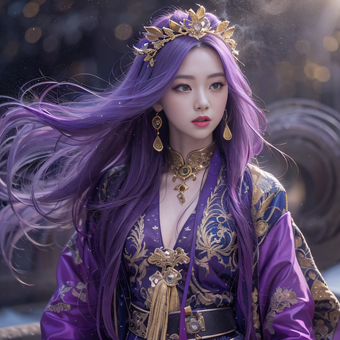 Genki Girl 32K（tmasterpiece，k hd，hyper HD，32K）Long flowing bright purple hair，Autumn Pond，zydink， a color， Asian people （Genki girl）， （Silk scarf）， Combat posture， looking at the ground， long whitr hair， Floating bright purple， Fire cloud pattern gold tiara， Chinese long-sleeved gold silk garment， （Abstract metaverse splash：1.2）， white backgrounid，Lotus vitality protector（realisticlying：1.4），Bright purple hair，Smoke on the road，The background is pure， A high resolution， the detail， RAW photogr， Sharp Re， Nikon D850 Film Stock Photo by Jefferies Lee 4 Kodak Portra 400 Camera F1.6 shots, Rich colors, ultra-realistic vivid textures, Dramatic lighting, Unreal Engine Art Station Trend, cinestir 800，A girl with long flowing bright purple hair