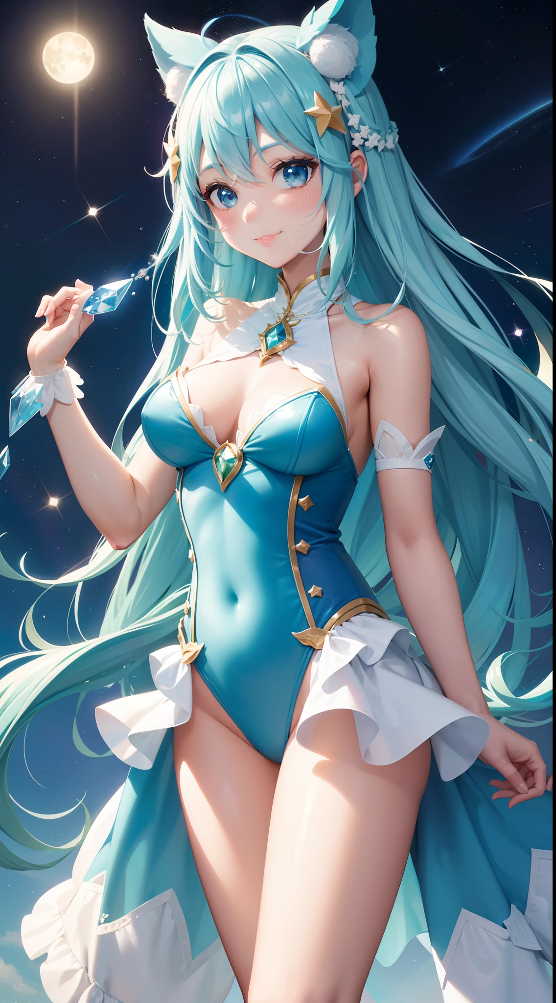 Super Idol a beauty girl A charming smile sky blue hair length hair Twin-tailed Bright white and green leotard costume Mystical Fantasia constellation a moon Crystal Brilliance Aurora Borealis in the Night Sky