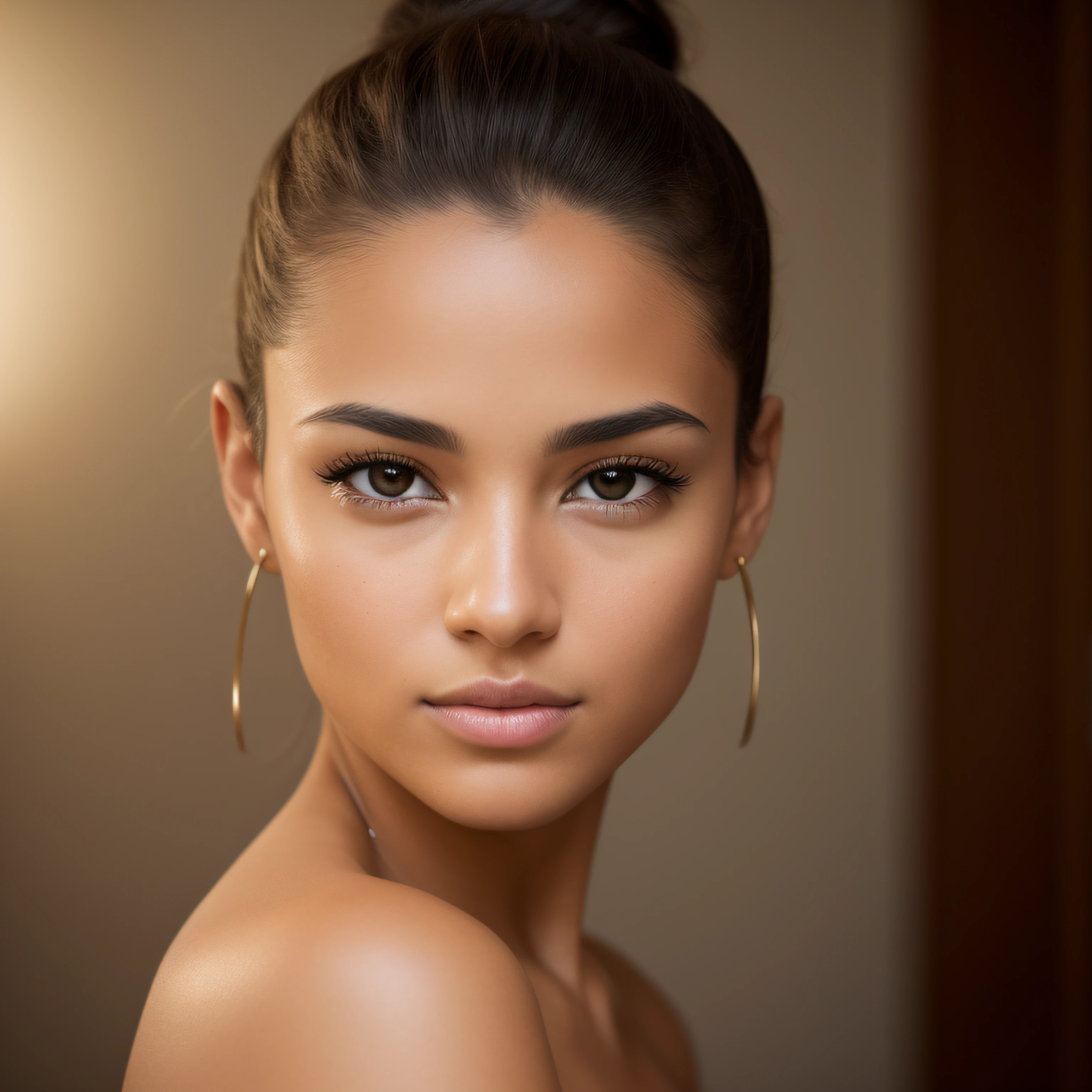 A photorealistic portrait of a insanely beautiful tanned Brazilian young woman with no makeup, mixed race, caucasian, skin is tanned, extremely detailed brown eyes, hair is in a sleek bun, detailed symmetric realistic face, realistic facial proportions, extremely detailed natural texture, peach fuzz, dark brown hair, masterpiece, award winning photo by Francesco Scavullo, nikon d850 film stock photograph, kodak portra 400 camera f1.6 lens, extremely detailed, amazing, fine detail, rich colors, hyper realistic lifelike texture, dramatic lighting, unrealengine, trending on artstation, cinestill 800 tungsten, looking at the viewer, photo realistic, RAW photo, TanvirTamim, high quality, highres, sharp focus, extremely detailed, cinematic lighting, 8k uhd