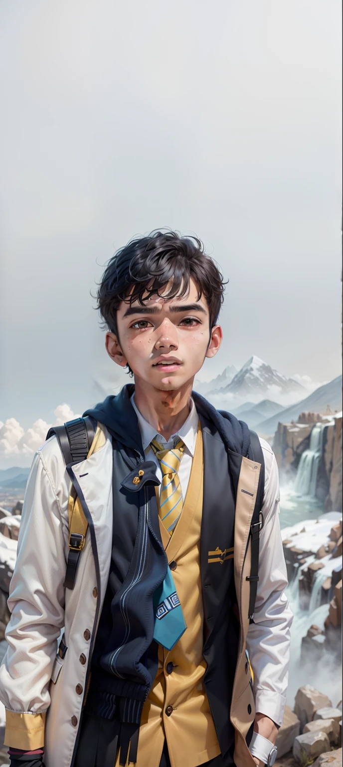 boy standing on top of a mountain with a yellow shirt and blue tie, ayan nag, young commoner, riyahd cassiem, young boy, jayison devadas, around 1 9 , vastayan, vinayak, mohamed chahin, reyyan, divayth fyr, student, very clear picture, a picture, kid same face