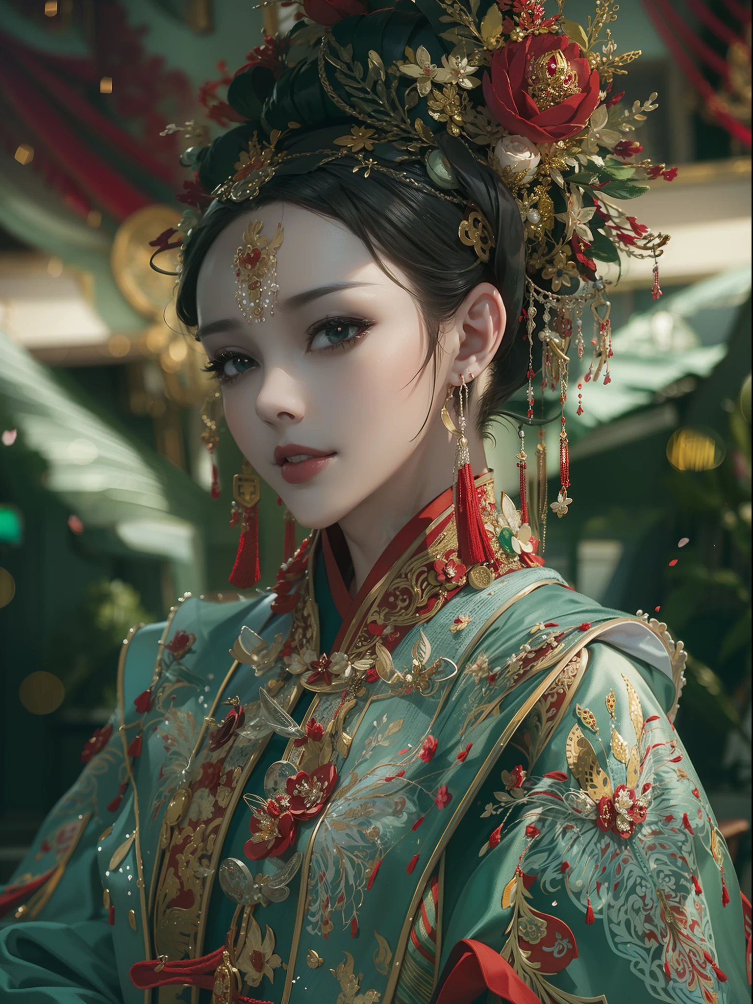 （ 8K， Dynamic action， pale washed out style， Dreamy nostalgia， Soft focus， dark halo， light  leaks， Medium photography， Coarse grain photos， tmasterpiece， top-quality， 8K， realisticlying， Very dense CG， shiny skins，）(one-girl:1.8)，Wedding scene，half-body portrait，Weddings，ornate garment，Chinese elements，macro photography，(red colour|black in color|green color|Gold matching scene)，Grand, Gorgeous，The happy expression of the character，insanely detailed and intricate, hypermaximalist, elegant, opulent, Ultra photo realsisim, Super detailed