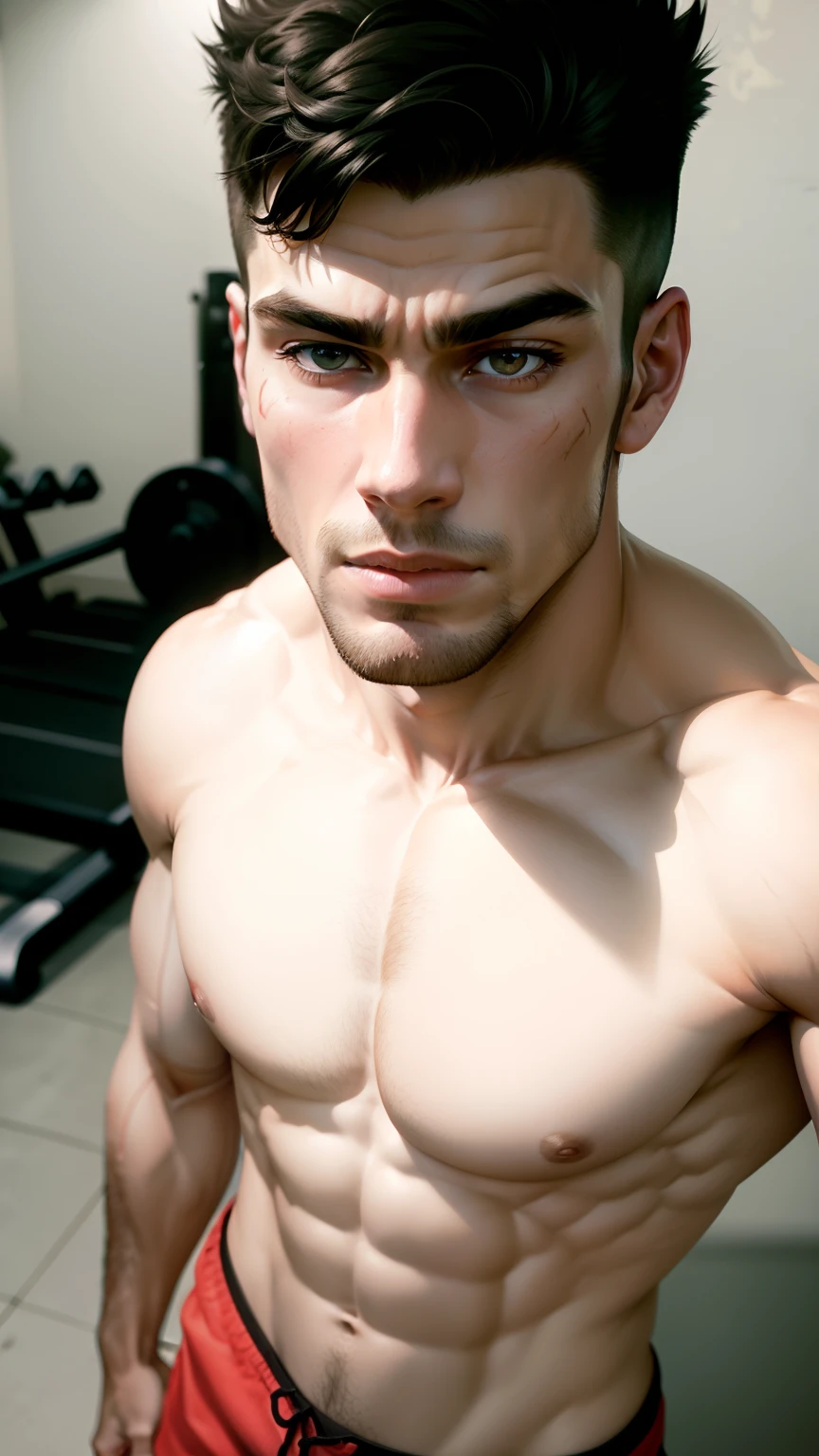 (best quality,realistic:1.2),detailed muscular body,professional photography,portrait,shirtless,profile picture,defined and detailed abs,vibrant colors,degraded hair,red shorts,gym background