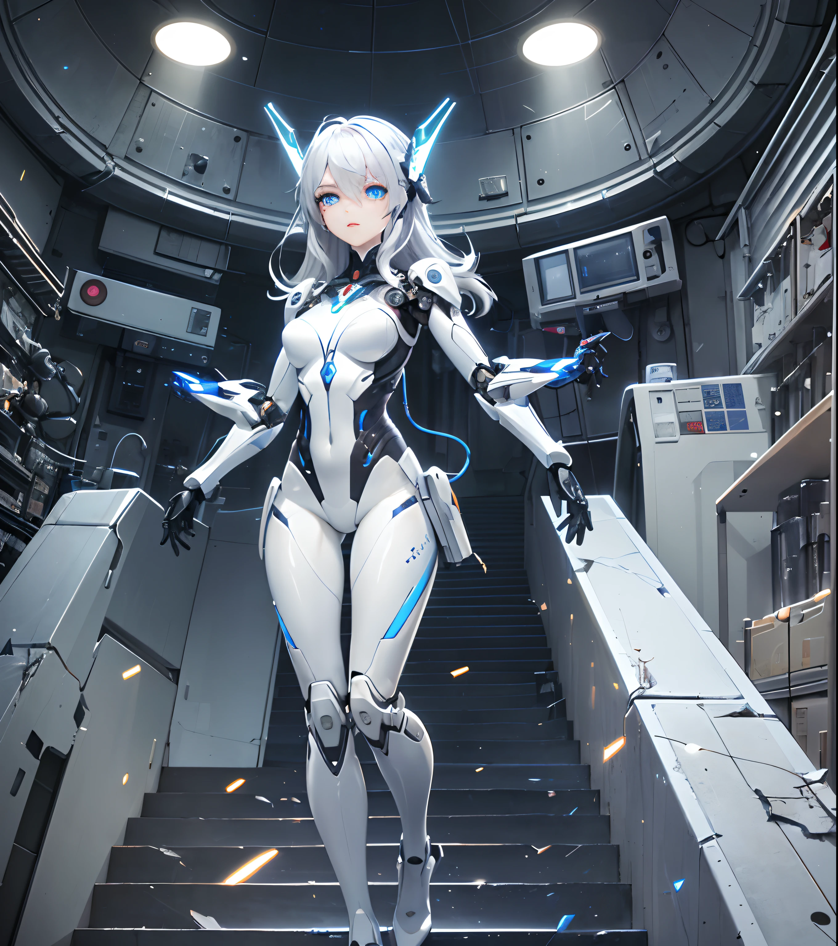 (((Of the highest quality)), (masterpiece), (detail:1.4), (((translucent mechanical robotic parts, black cyborg))), ((((solo)))), (((female focus))), ((woman made out of cyber parts)), ((skin of hips and thighs)), (((futuristic background))), many blue lights, (short white hair), (((Beautiful iridescent long hair))), (((Aurora Inner Hair))), Costume typography and numbering, grey and black eyes, (((full lips))), detailed face, gorgeous eyes, iridescent body, standing, ((facing camera))