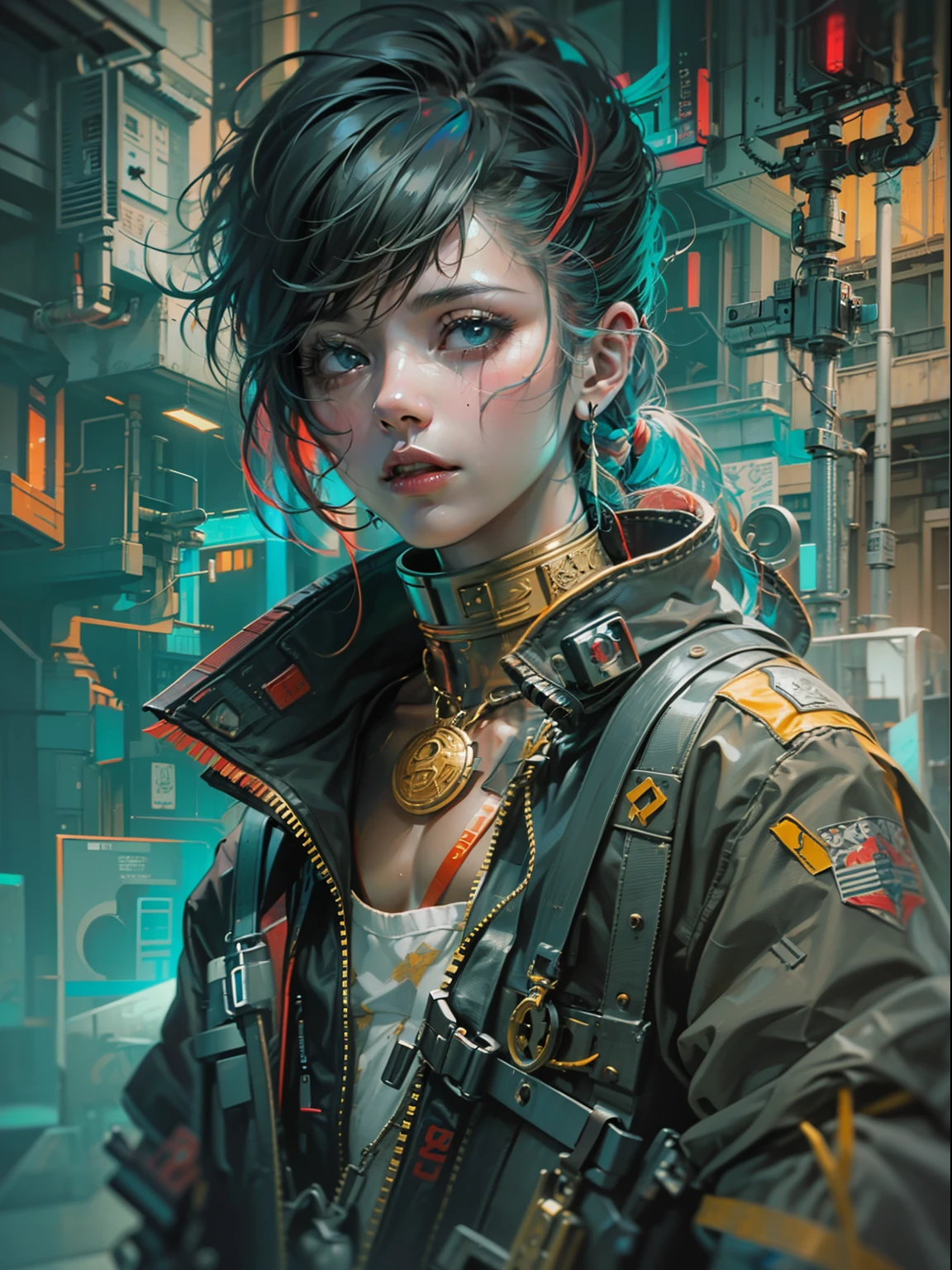 (HOMBRE CYBERPUNK) Anime painting of young Asian cyberpunks, Cabello cyberpunk sin forma, dynamic  pose, Poses elegantes, colores brillantes, arte conceptual de Carne Griffiths y Wadim Kashin, Antecedentes cyberpunk, Belleza abstracta, near perfection, Forma pura, golden ratio, minimalismo, arte conceptual, Detalles intrincados, 8k post-production, High resolution, Super detail, tendencias en Artstation, foco nítido, Fotos de estudio, Detalles intrincados, muy detallado, por Greg Rutkowski