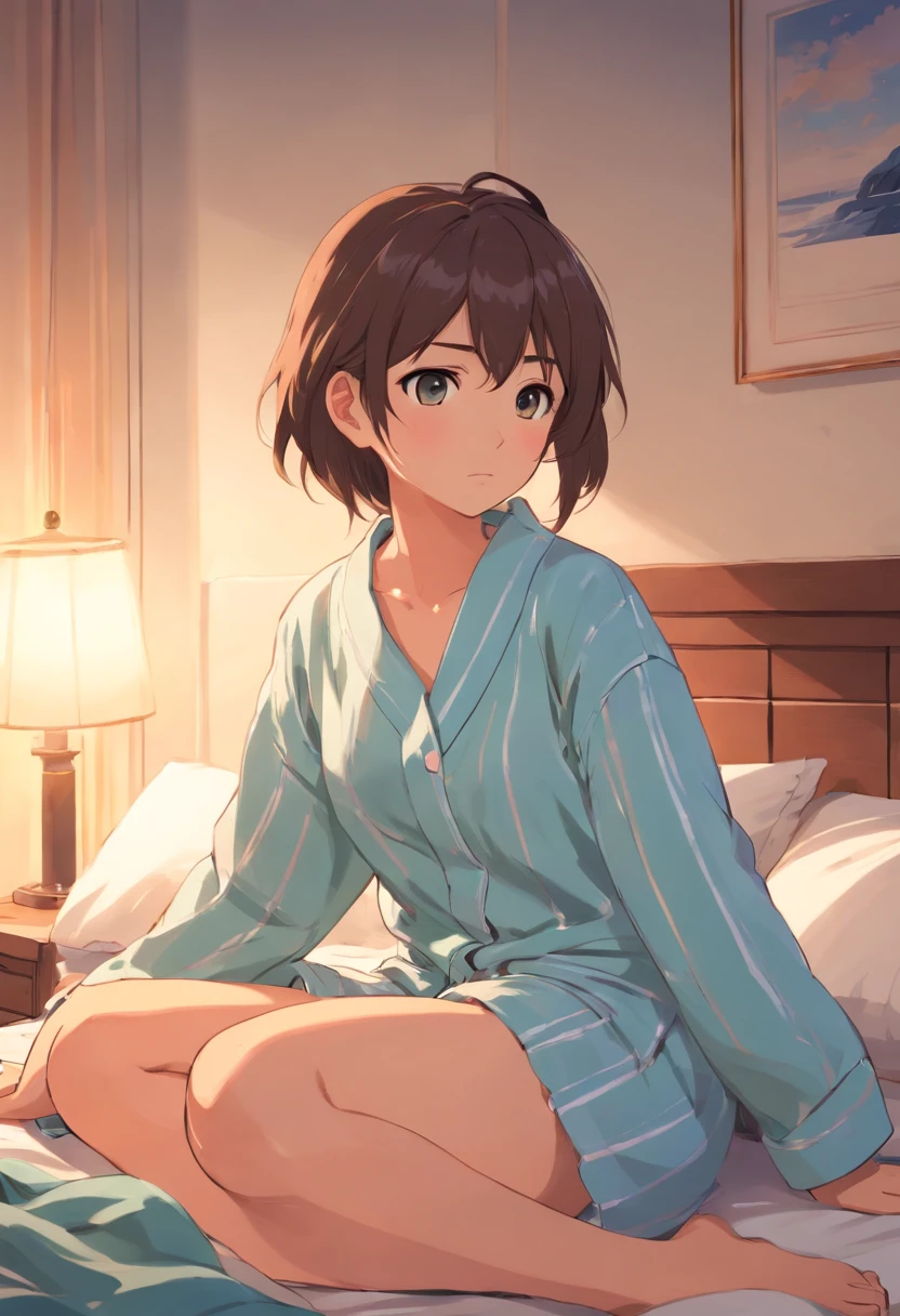 absurd solution, High resolution, (masterpiece: 1.4), Super detailed, (((detailed face, detailed expression)), girl, sitting on bed, sitting on the floor, two people talking, The background is inside the room, Home, 1K, small room, curtain, bed, tv set, machine, sweets, fun, smile, room wear、Sparkling, shine,