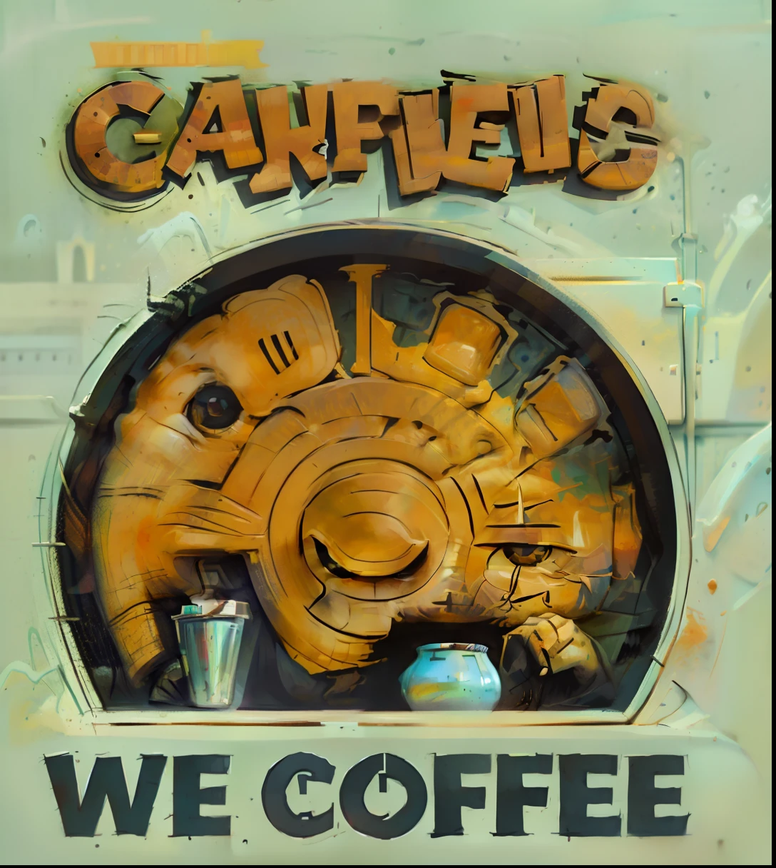 um close up de um sinal com um elefante sobre ele, Garfield, Quadrinhos de Garfield, Arte Warcaft, Caulfield, inspirado em Charles W. Bartlett, we, Zombie Coffee Logo, coffee shop, morning coffee, 🐋 as 🐘 as 🤖 as 👽 as 🐳, coffee smell, Fanart oficial, zombie drinker coffee logo, 🪔 🎨;🌞🌄