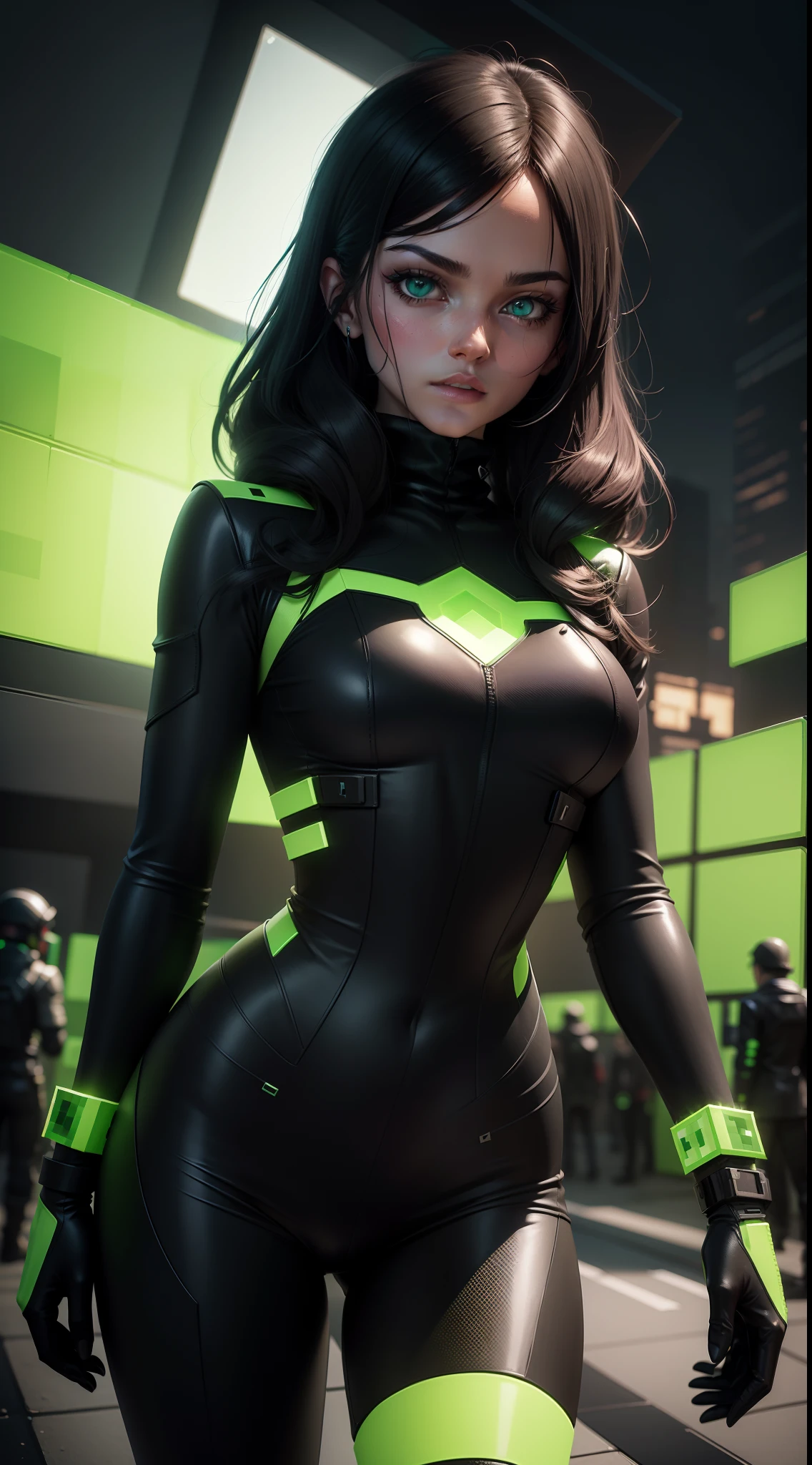 Em um horizonte vasto e pixelado, a scenario inspired by the exciting world of Minecraft emerges. The background is a landscape filled with green cubes, representing the game's iconic aesthetic. The atmosphere is intensified by vibrant neon details and striking shadows in black.
No centro da imagem, A lone character captures attention: o Creeper. It is represented with its typical green coloration, com olhos penetrantes e um sorriso sinistro formado por pixels. The Creeper is synonymous with danger and excitement in the world of Minecraft, and their presence creates a sense of intrigue and adrenaline.
Background lighting is provided by a mix of neon lights in shades of bright green, que se espalham pelo terreno e pelos blocos circundantes. These lights give a futuristic and energetic look to the landscape, highlighting the contours of the cubes and providing an attractive contrast with the dark tone of the sky.
Neon details are also visible on the blocks, criando um efeito cintilante e misterioso. They add a touch of modernity to the setting, harking back to the cybernetic style of Minecraft.
No entanto, even with that air of mystery and neon, the background retains the essence of the world of Minecraft, with its aesthetics of blocks and characteristic colors. The combination of the Creeper's classic green with neon and black accents creates a unique and captivating atmosphere, perfeita para transportar os espectadores para a emocionante aventura do jogo.