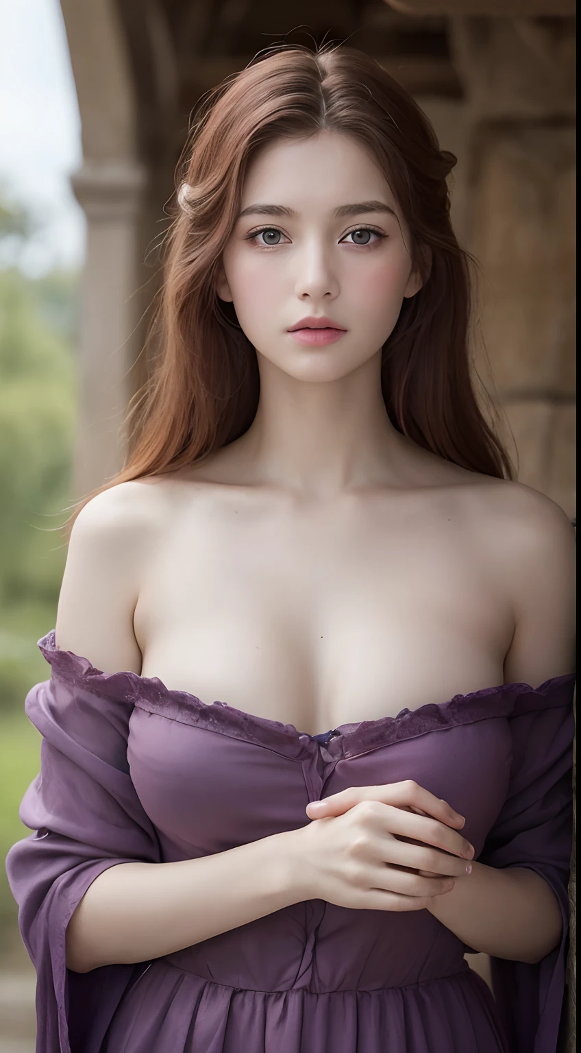(Watercolor in Sargent style)、(top-quality、masterpiece)、photos realistic, Realistic photo of adult medieval female queen in purple dress, Red hair, a medieval castle, blue eyes, Perfect nose, with round face, straight eyebrows,(1girl in), (highly detailed CG unit 8k wallpaper), Photos of the most beautiful works in the world, Majestic Professional, Normal breasts、 (photographed:Steve McCurry), 8K UHD, Digital SLR, Soft lighting, hightquality, film grains, Fujifilm XT3 sharp focus, F 5.6, high detailing, foco nítido, Dramatic, (look at viewr:1.2), (Detailed Students:1.3), (natural soft light),full body Esbian.